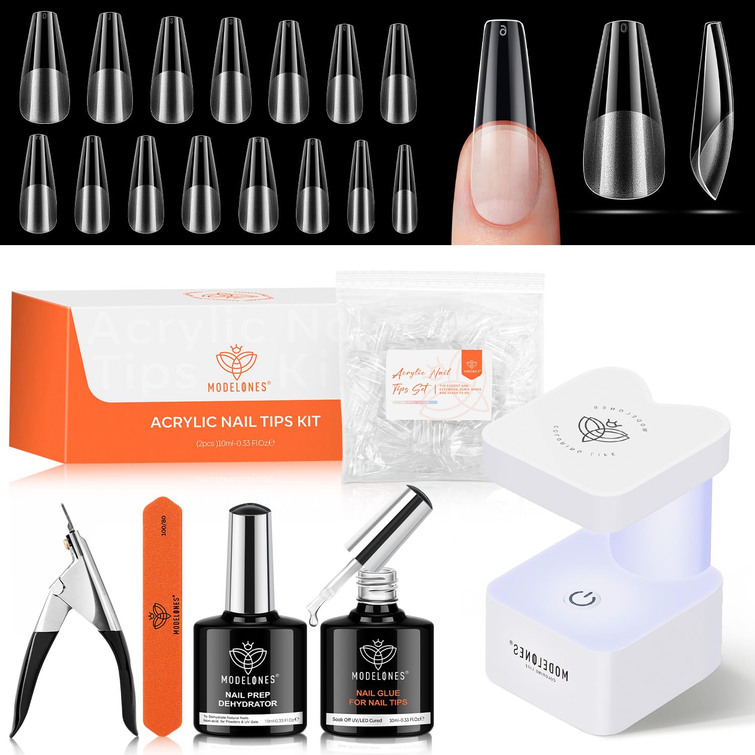 modelones X Nail Gel Kit, 510Pcs Fake Nails Long Coffin, 9-in-One Glue Prep Dehydrator & Portable Mini U V Light Acrylic Clipper, 15 Sizes Coffin Tips for Extension Kit DIY Salon Home Women