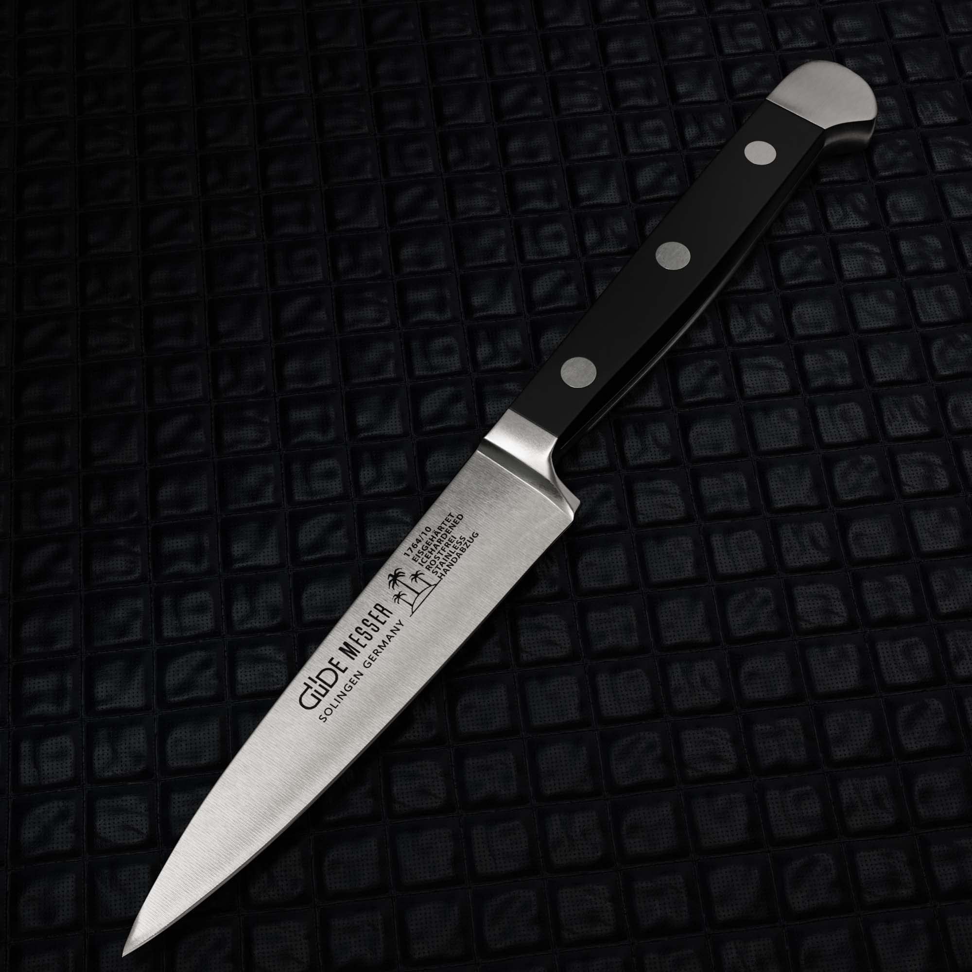 GÜDE Solingen - Spickmesser geschmiedet, 10 cm, POM schwarz, ALPHA, Office Messer, Doppelkropf, Handmade Germany