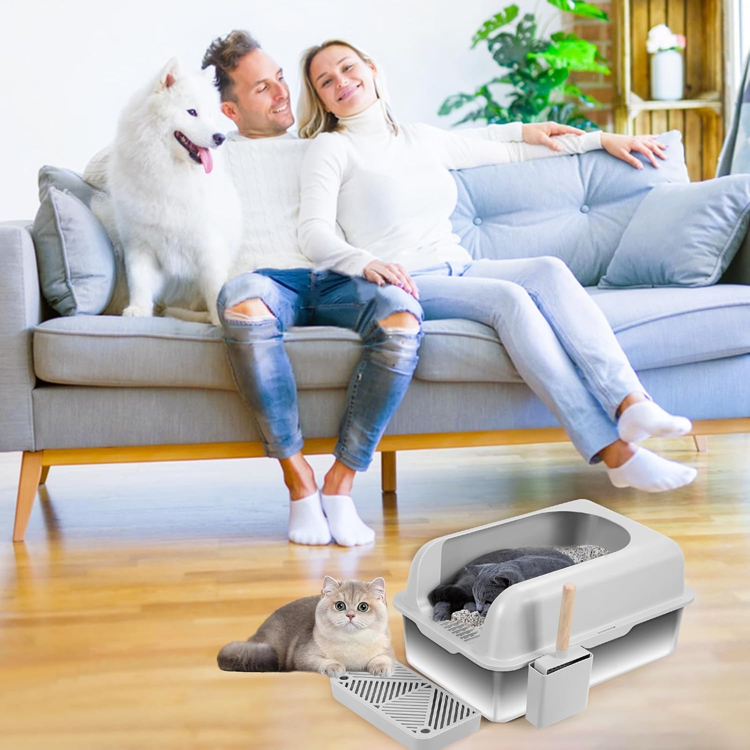 Stainless Steel Cat Litter Box, Extra Large Semi-Closed Litter Pan with High Sides & Non-Stick Surface, High Sided Litter Box, Odorless Easy Clean Design, Anti-Leakage for Multiple Cats 1 Set