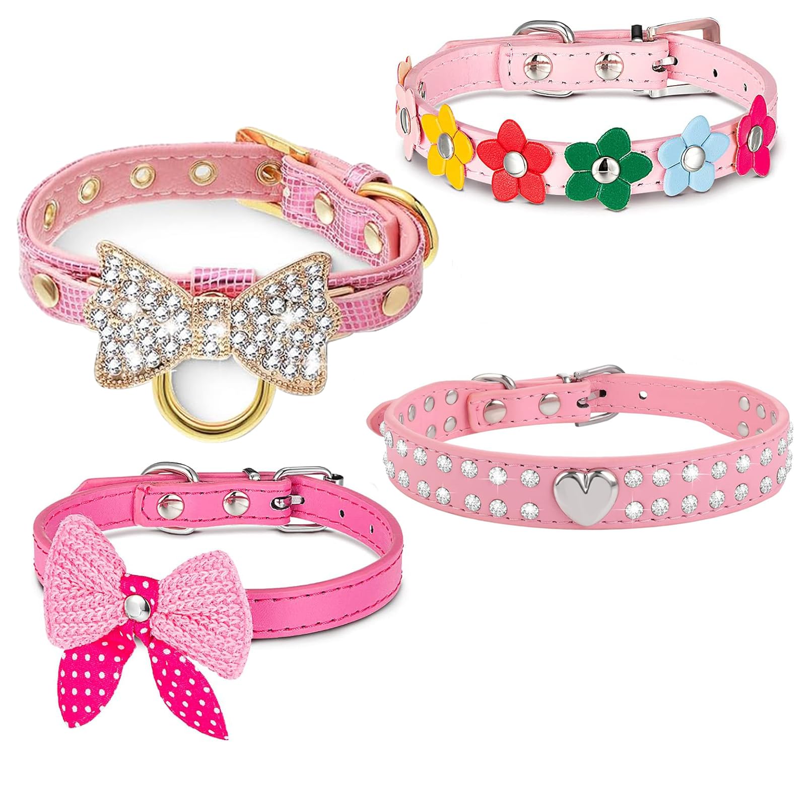HALFSUMO 4 Pcs Dog Collar Rhinestones Dog Cat Collar Bling Diamond with Rhinestone Bow Flowers Decoration for Girl Dogs Cats Pink XS