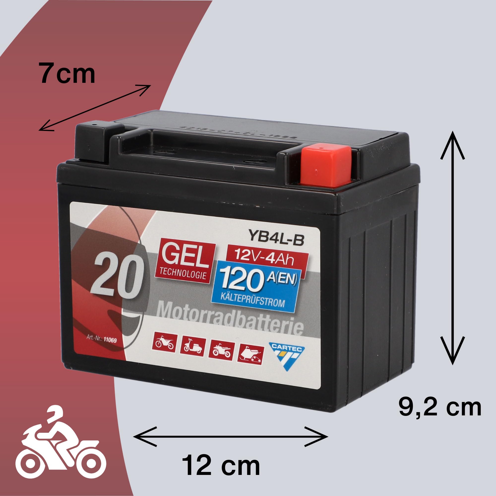 Batería de motocicleta Cartec YB4L-B 4Ah 56A Batería de tecnología de gel Calidad OEM Almacenamiento a prueba de ciclos Sin mantenimiento