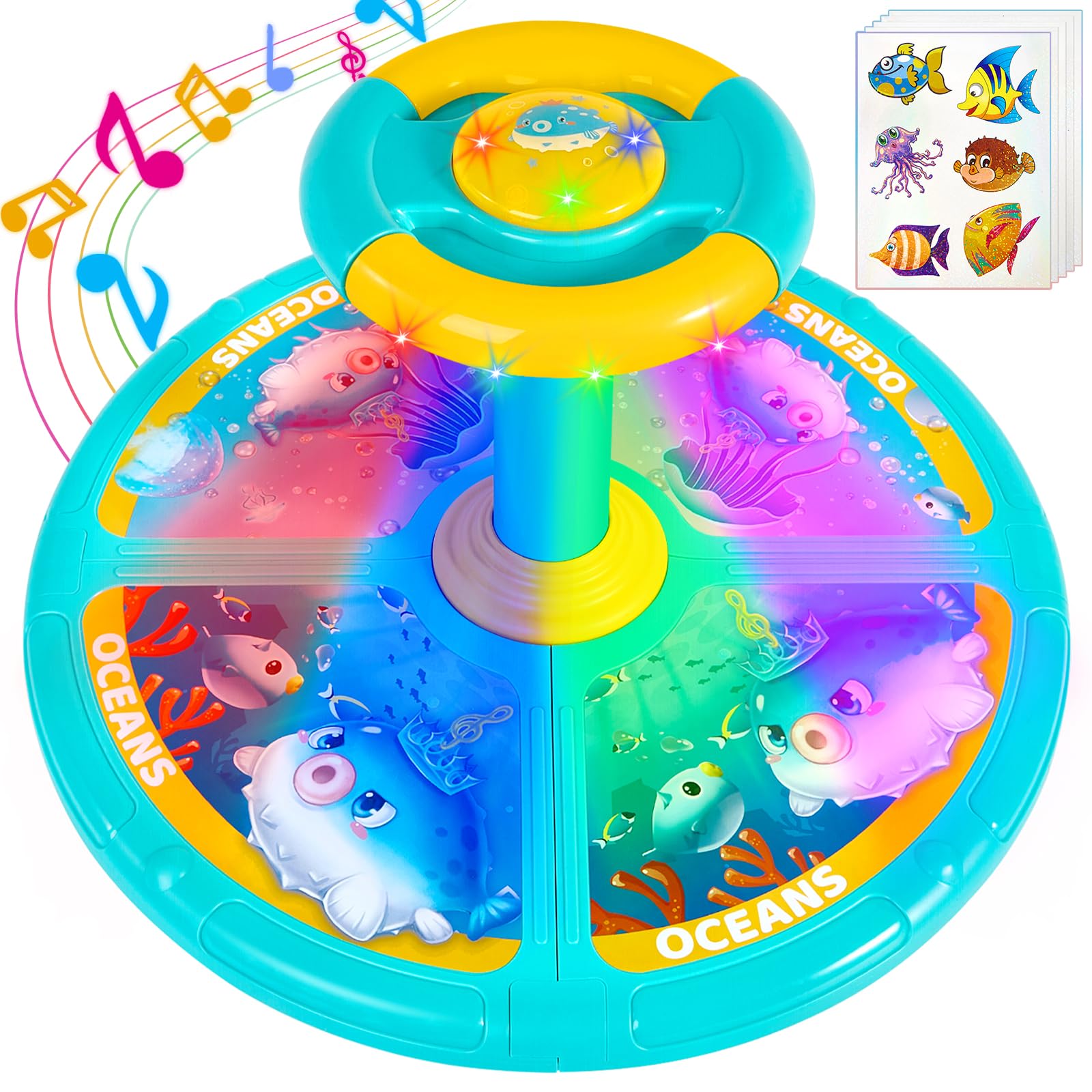 GODELAIF Sit and Spin, Christmas Birthday Gift Toddlers Sit and Spin Toy for 3 4 Years Old Girl Boy, 360° Ocean Interactive Sensory Spinning Toys for Ages 2-10 Kids LED & Sound with Free Stickers