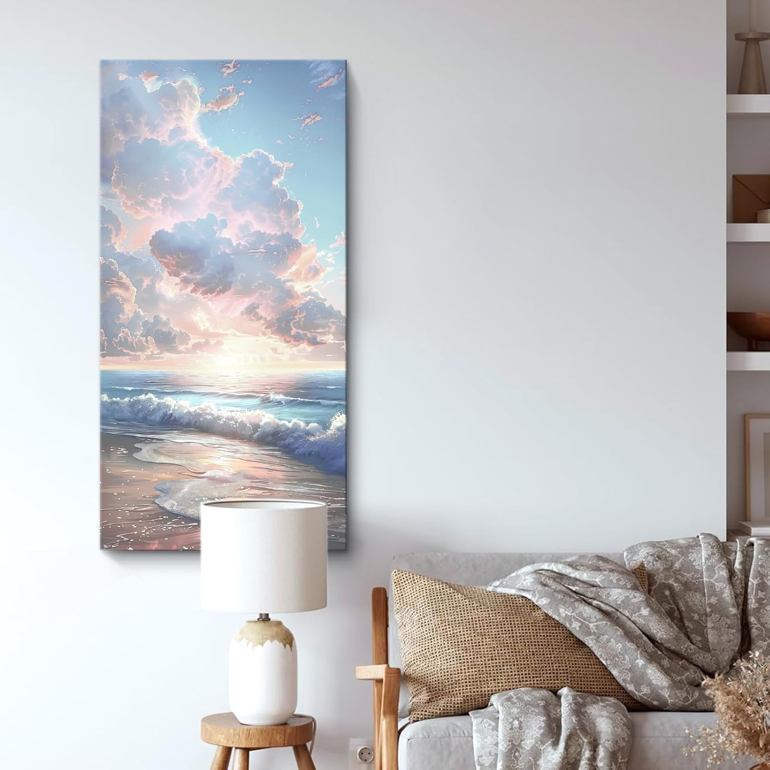 24x48 Inch Framed Beach Sunset Wall Art Coastal Landscape Canvas Print with Waves and Palm Trees Ocean Seaside Wall Decor for Living Room Bedroom Bathroom Office Hallway