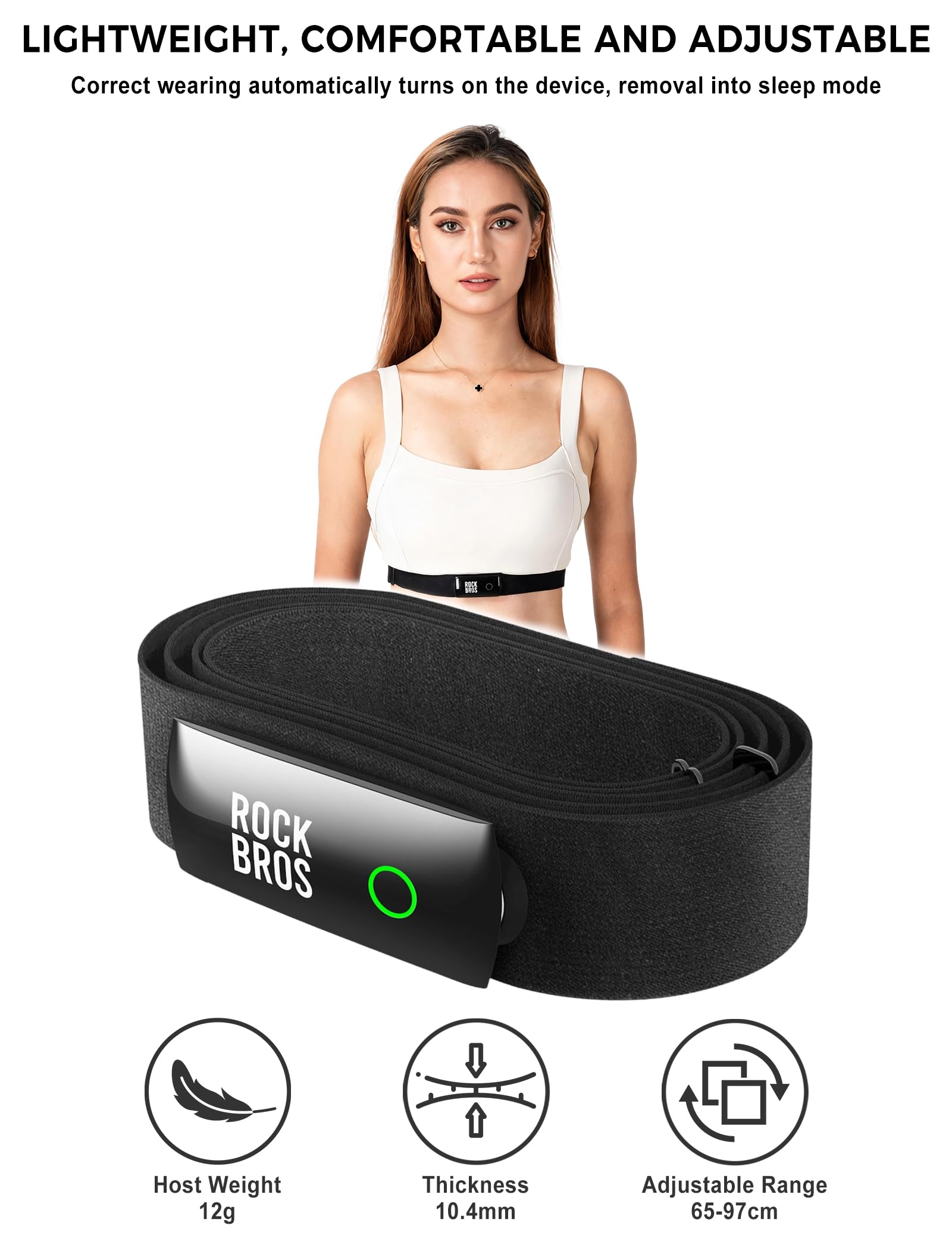 ROCKBROS Monitor tętna pasek na klatkę piersiową Bluetooth ANT+ HRM IP67 wodoodporny wyświetlacz LED, magnetyczny czujnik ładowania do biegania na rowerze, kompatybilny z aplikacją Strava Zwift Wahoo