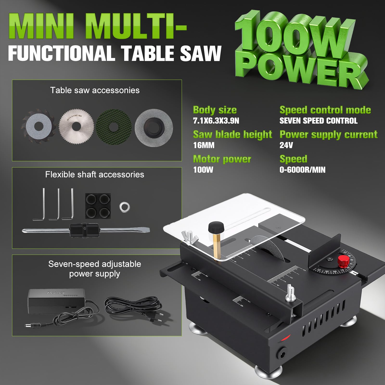 Kleine Tischkreissäge mit 4 Sägeblättern, 100W Präzisions Table Saw Sägeblatt Sägeblattwinkel einstellbar 0-90°, Multifunktionale Tischsäge für DIY Holzbearbeitungsprojekte, 7 Geschwindigkeitsstufen