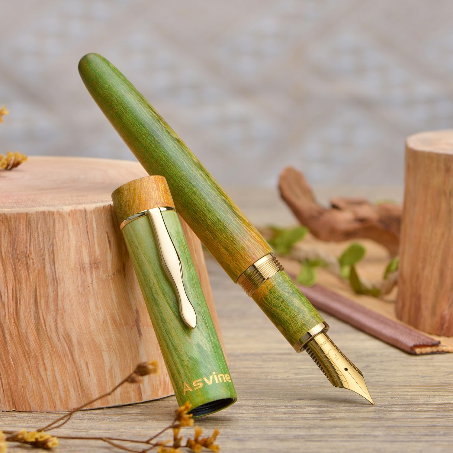 Asvine C2000 Füllfederhalter aus stabilisiertem Holz, Nr. 8, extra feine Feder, Hellgrün, großer Handarbeitsstift mit Konverter-Stiftbox, Sammlungsset