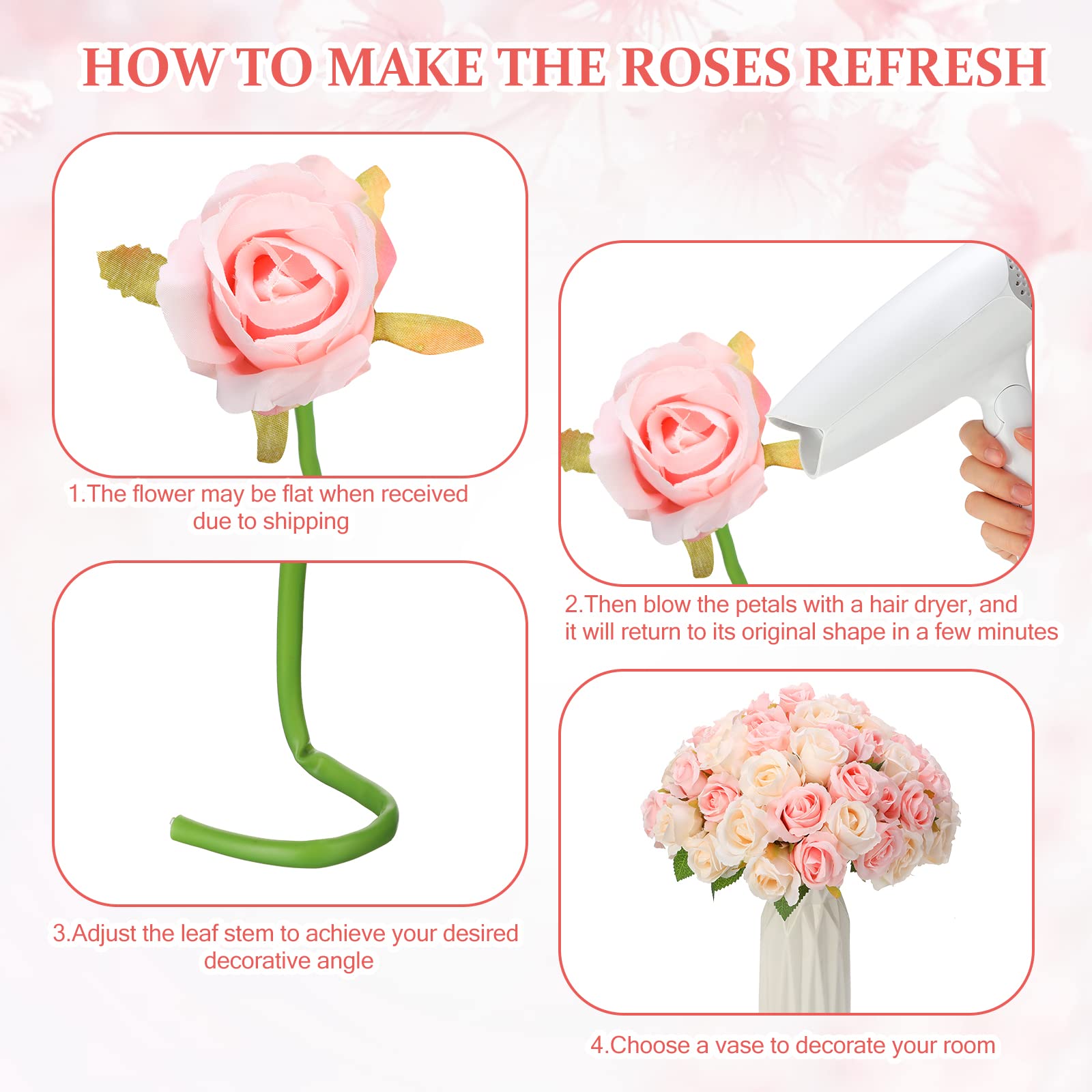 Jexine 240 Pcs Artificial Rose Flowers Bouquet Rose Silk Realistic Flowers Bulk Centerpieces DIY Bride Fake Rose for Home Bridal Wedding Party Decorations (Pink and White)