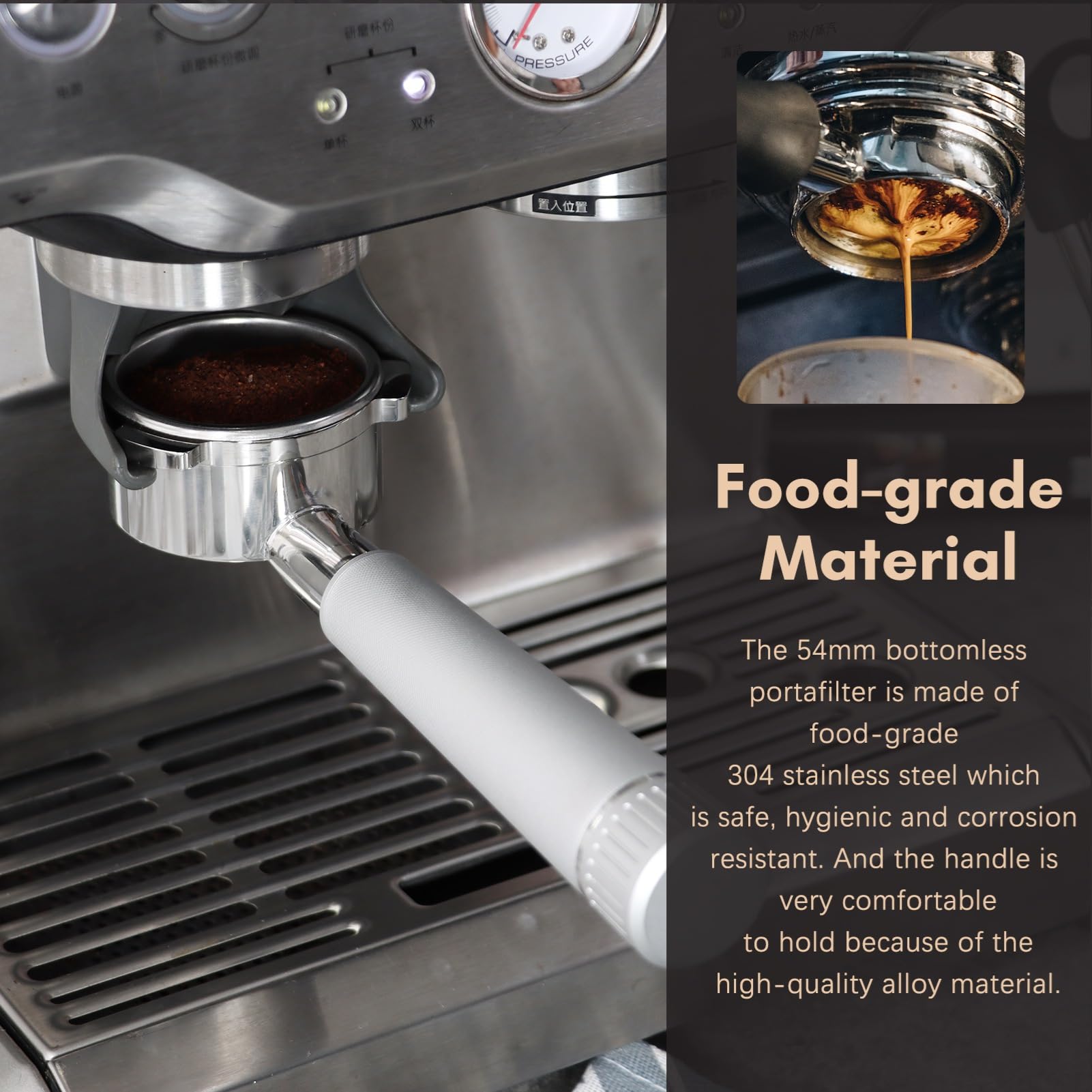 Kavolet Portacoladores sin suelo de 54 mm, portafiltros de café con 3 orejas sin fondo con mango de aleación y cabeza de acero inoxidable, compatible con cafetera Breville870/875/878/880