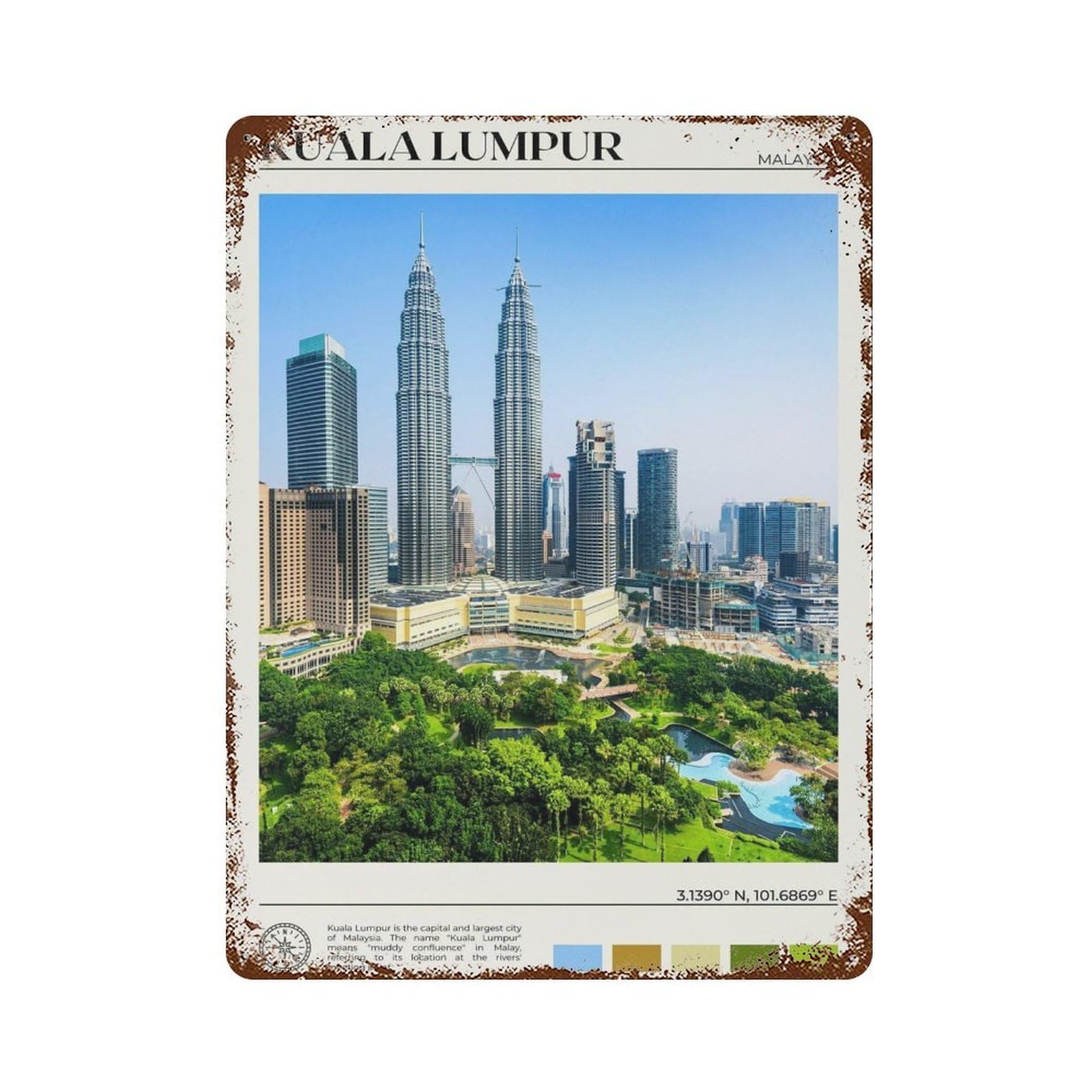 xiaoxiaoshen Real Photo Kuala Lumpur Decor Malaysia Wall Decor Art Metal Tin Poster Modern Home Decor Art Home Bar Shop Decorations Vintage Sign 40x30cm