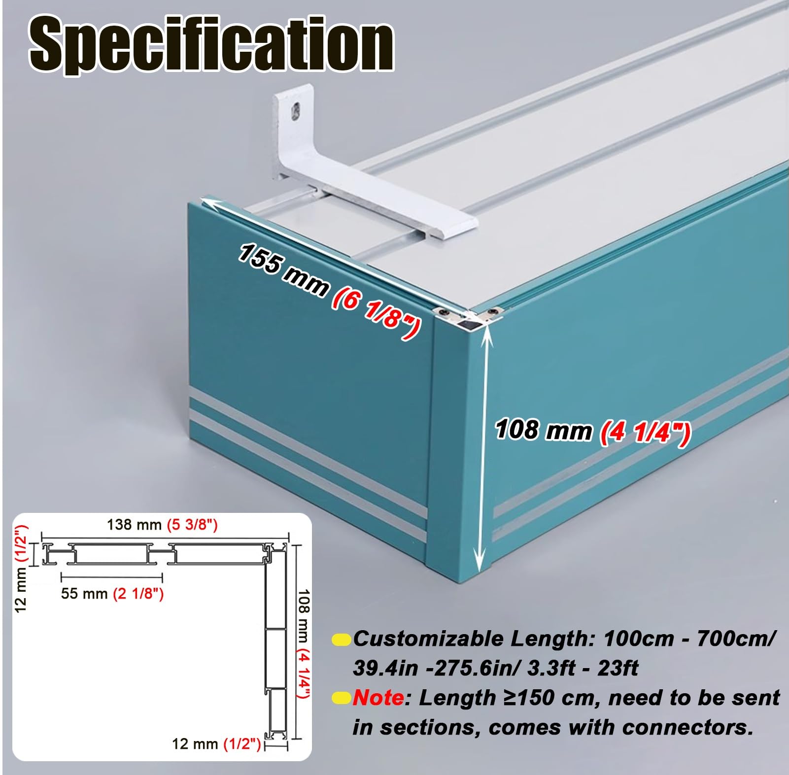 Kunovo Curtain Pelmet Blackout Metal Curtain Track and Valance, Gray/White/Blue/Brown Double Rail Curtain Pelmet, Custom Length Home Decor Window Valance Box(Blue,Wall Mount_2.5M/8.2FT)