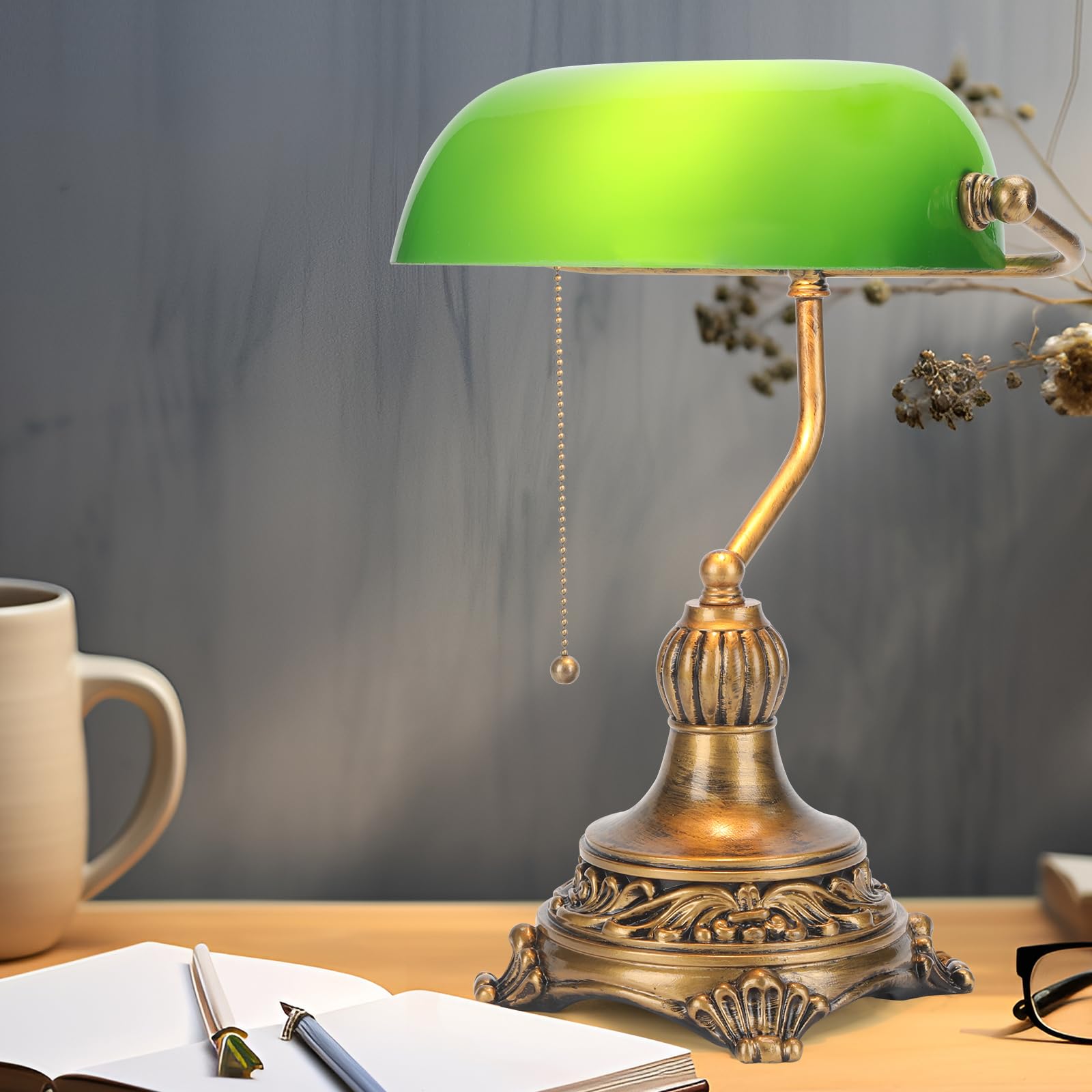 NISSAFORS Bankers Lamp with Pull Switch, Green Glass Desk Lamp
