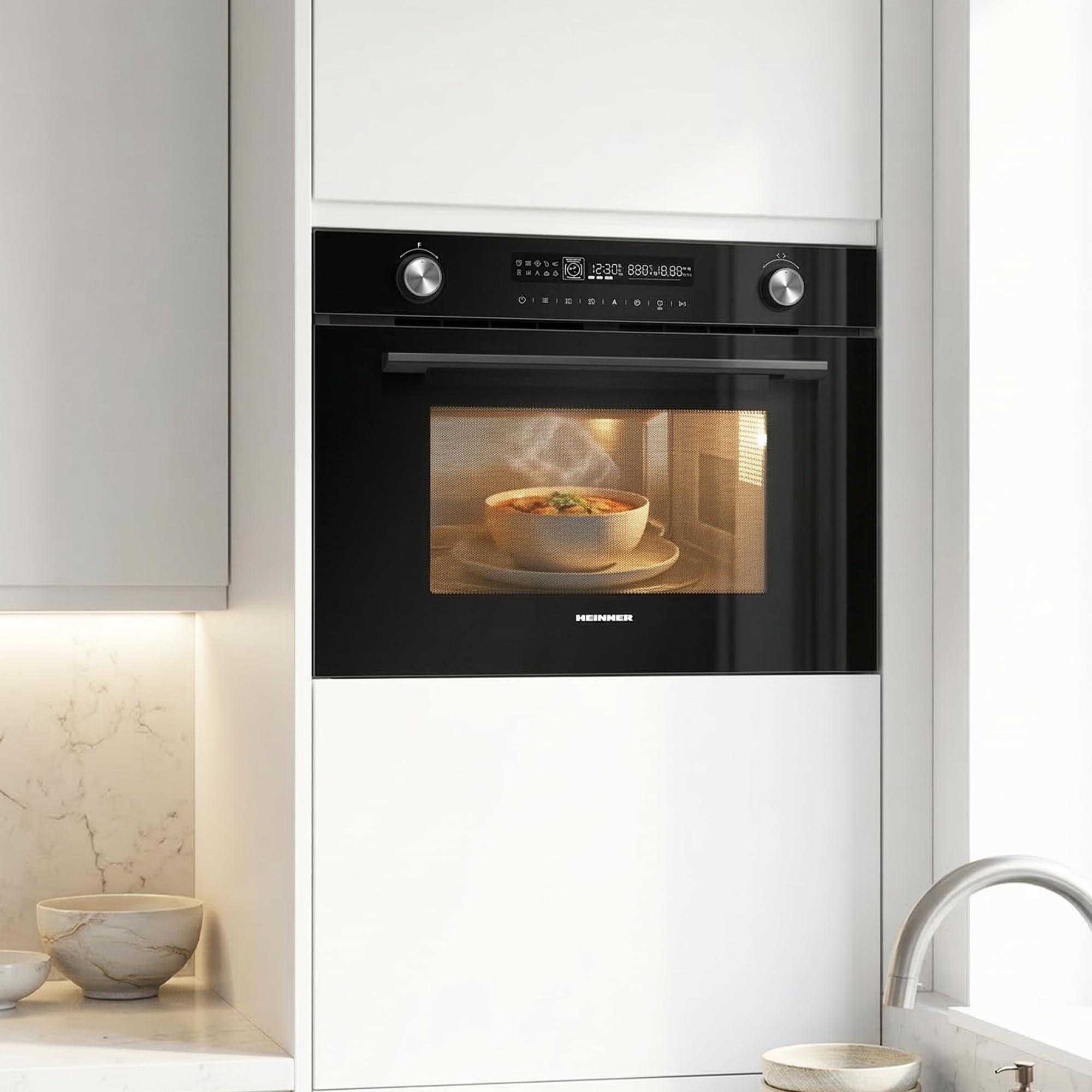 HMW‑MDBI34CTBK – Einbau‑Mikrowellen‑Ofen mit & Konvektion (34 L), leistungsstarke 900 W Mikrowelle, 1100 W, Konvektionsfunktion für gleichmäßige, + 5 Jahre Garantie