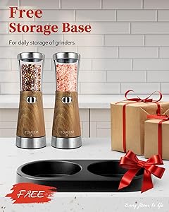Electric Salt and Pepper Grinder Set with Storage Base, Stainless Steel Rechargeable Salt and Pepper Grinder Set with 4.5 oz Large Capacity, 1.8" Wide Mouth, Adjustable Coarseness, Ideal for Kitchen