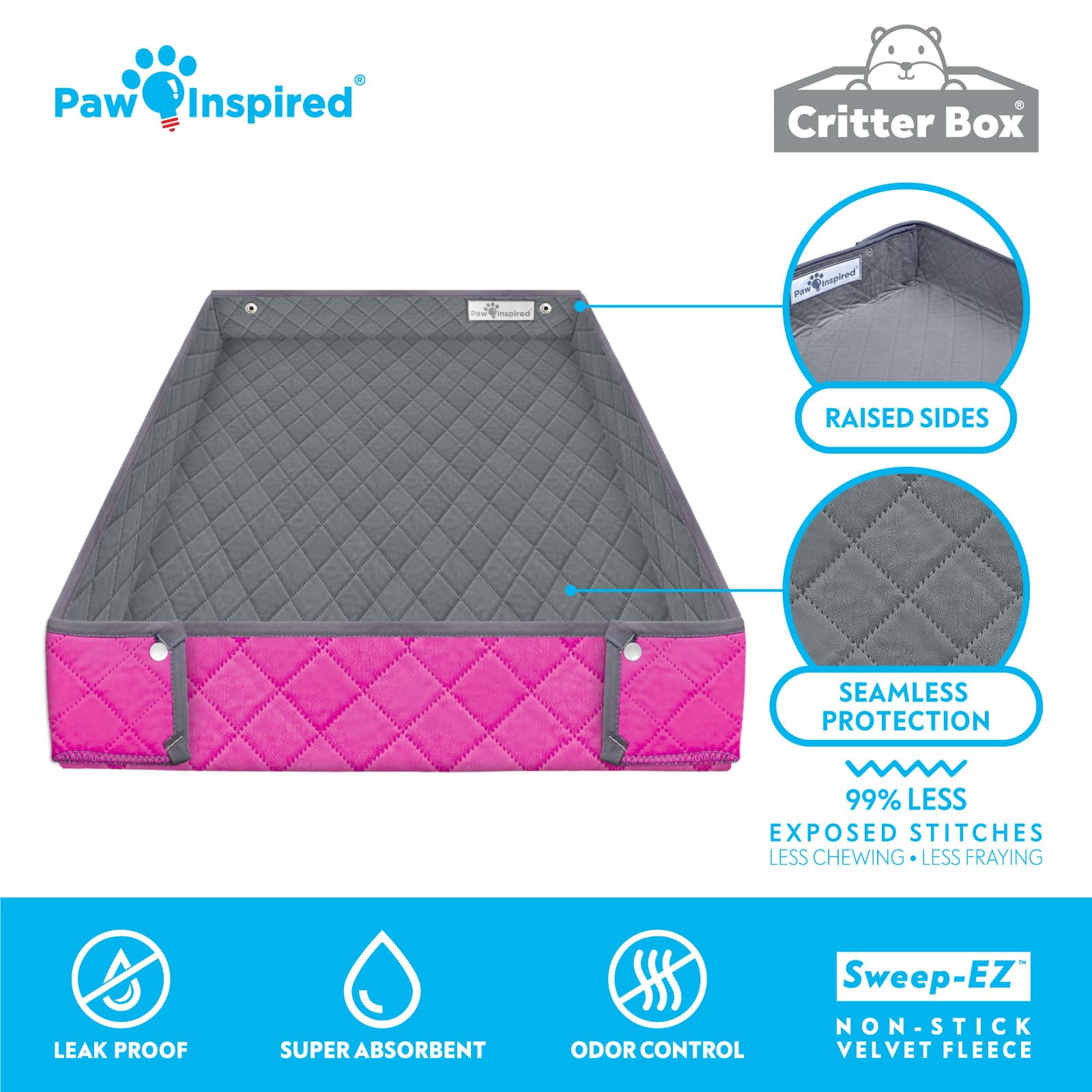 Paw Inspired Critter Box, waschbare Käfigeinlage, wendbare Fleece-Einstreu mit erhöhten Seiten für Frettchen, Ratten, Chinchillas und andere Kleintiere (Critter Nation/Ferret Nation, Grau/Pink)