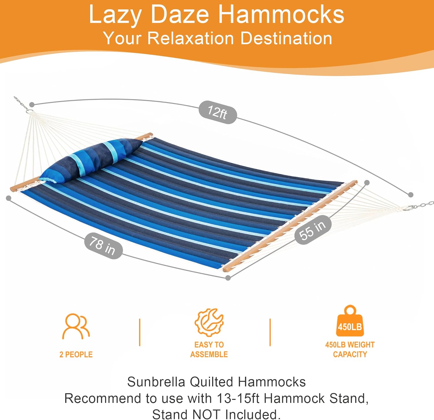 Lazy Daze Hammocks 12 FT Sunbrella Fabric Quilted Hammock Double Sunbrella Quilted Hammock with Spreader Bars & Pillow, All Weather and Fade Resistant for Outdoor, 450 lbs Capacity, Gateway Indigo