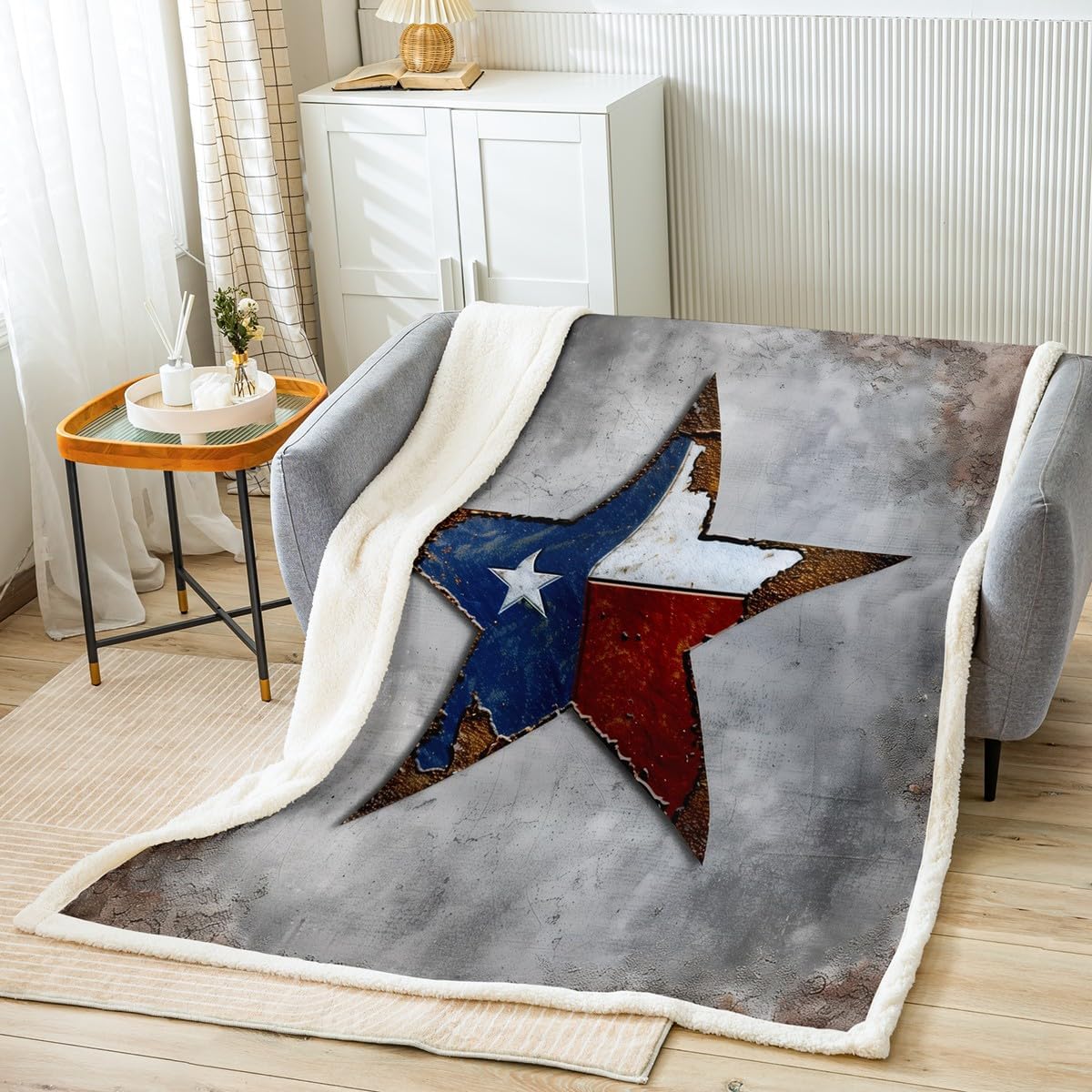Erosebridal Vintage Texas Stars Fleece Blanket Retro Flag Print Sherpa Blanket, Grunge Grey Blanket Texas Star Throw Blanket for Sofa, American Flag Pattern Flannel Blanket