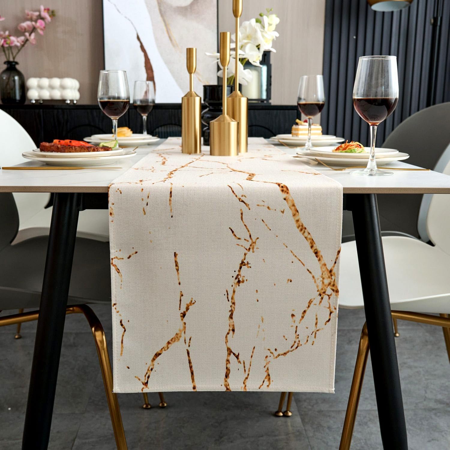 Jayusaror Table Runner Modern Autumn White and Gold Linen Marble Golden Texture Abstract Art Washable Table Runner for Coffee Dining Room Dresser Side Table Bedroom 40 x 100 cm