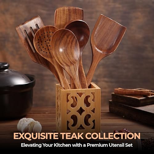 Miniatura 6 de AIUHI Juego de utensilios de cocina de madera natural antiadherente, cucharas de madera de teca con acabado liso para cocinar, espátula de agarre