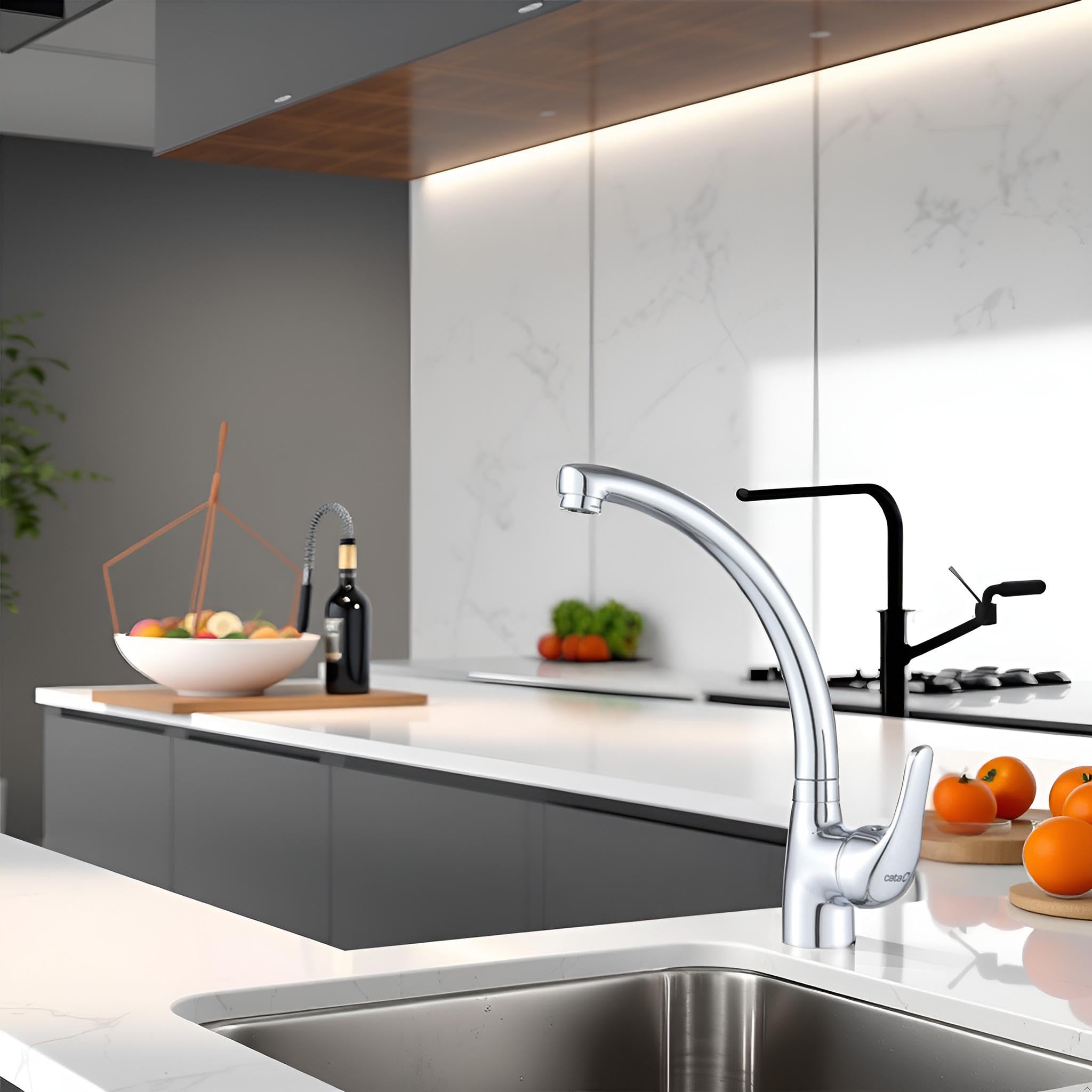 CATA Grifo De Cocina CBA CROMO/E Monomando Caño Alto Giratorio 360º Acero Inoxidable Aireador Anticalcáreo Cartucho Cerámico Apertura En Frío Reductor Caudal 5L Conexión Flexible Acabado Inox