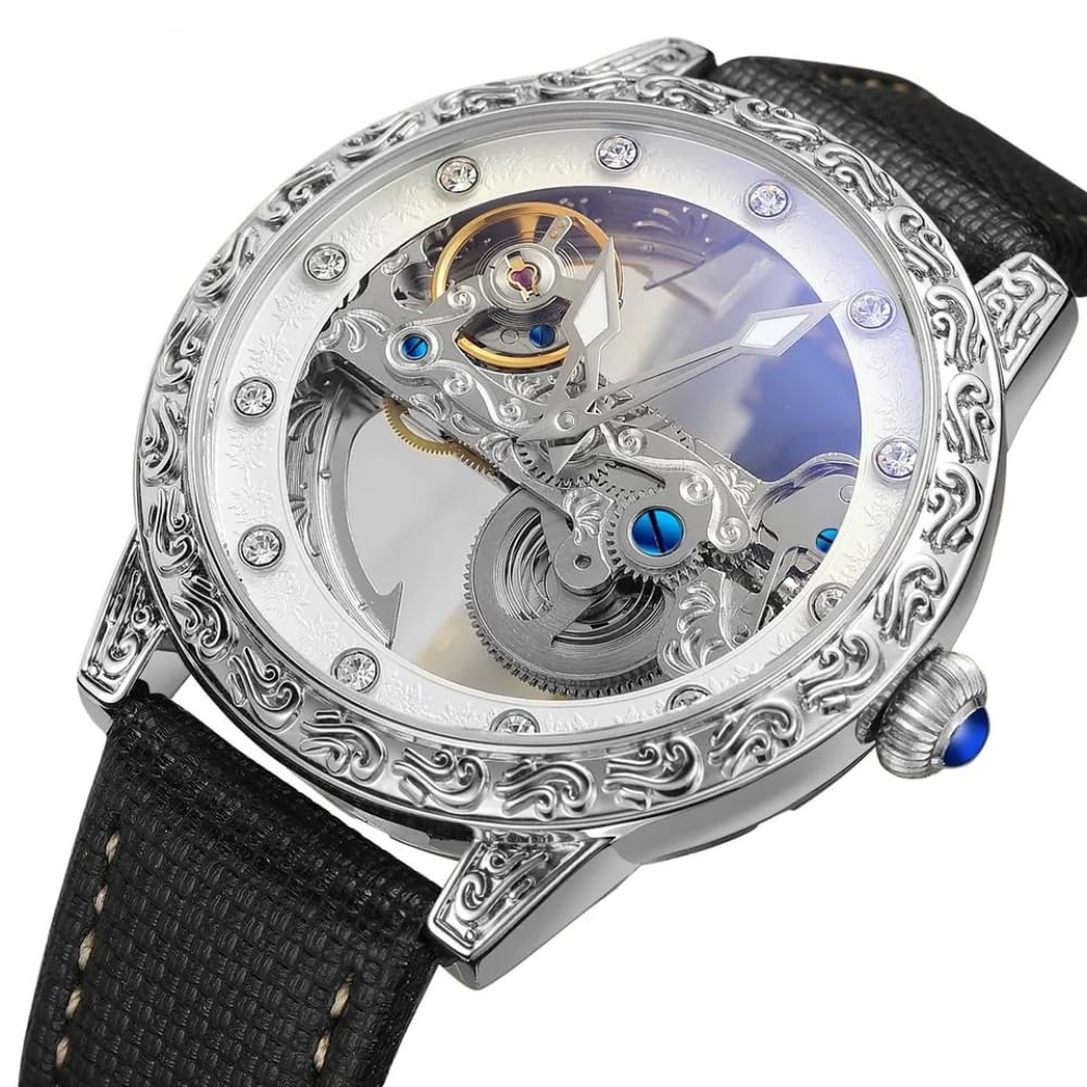 Reloj mecánico automático para hombre, esqueleto de lujo con diseño de diamante, luminoso, impermeable, correa de piel
