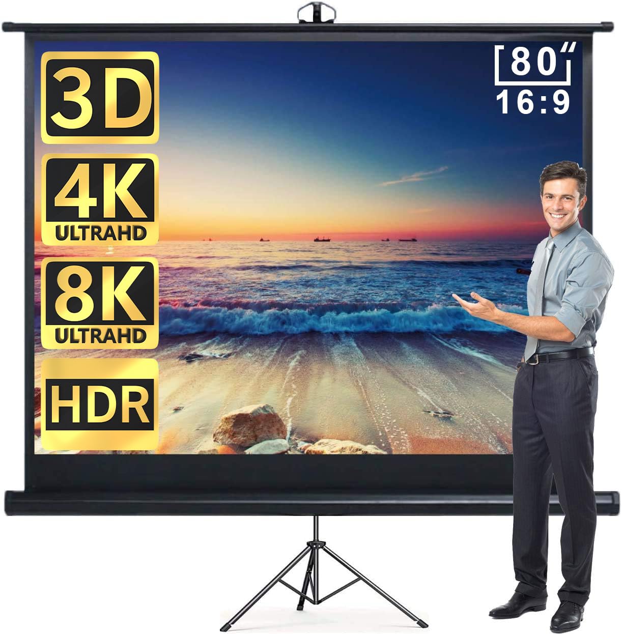 Aoxun 80" Projector Screen with Stand - Set of Pull Up Indoor and Outdoor Portable Free Tripod Screen 80 inch 16:9 HD Projection Screen for Movie or Office Presentation