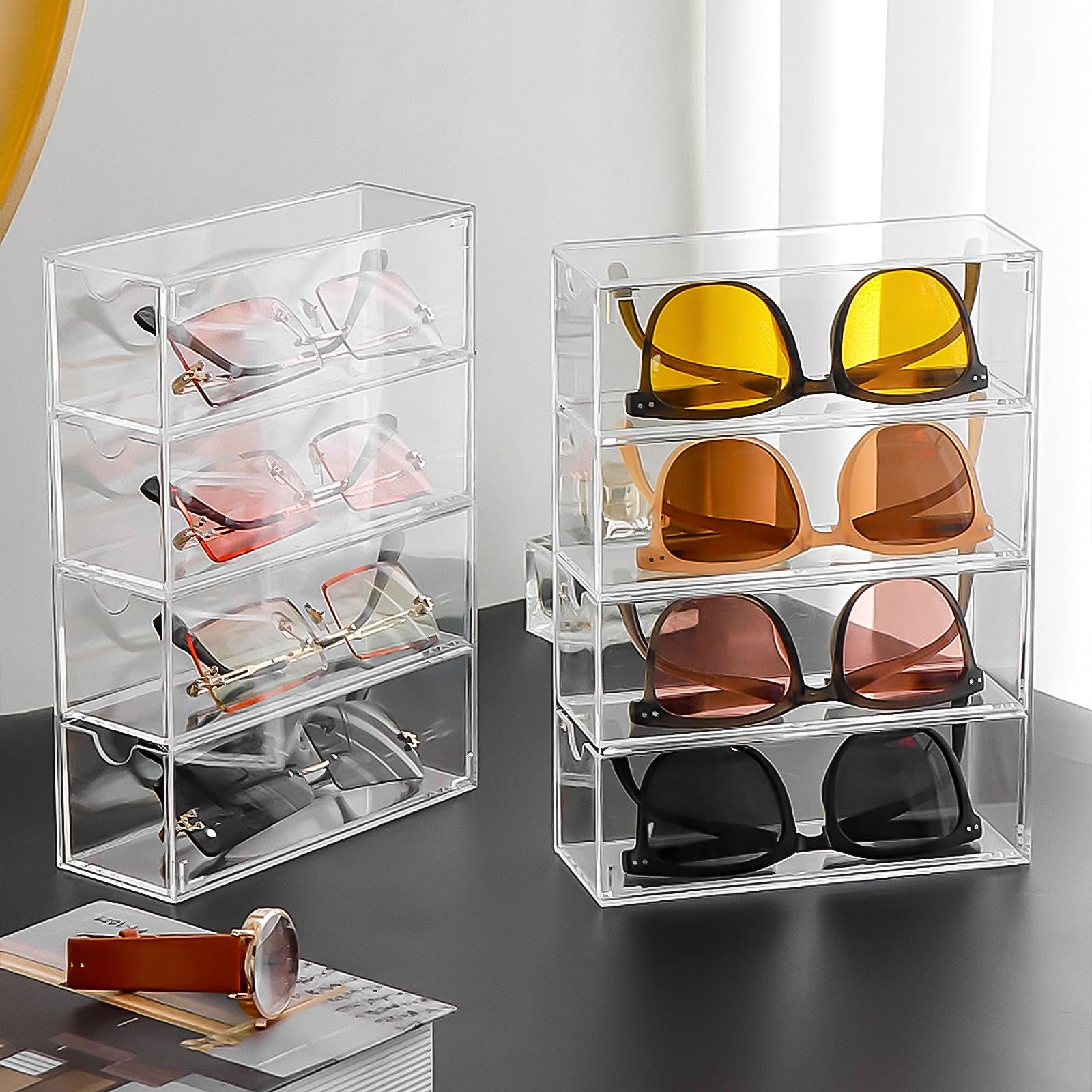 Organizzatore di Occhiali da Sole Eyeglasses Organiser Display Case Portaocchiali in Acrilico Trasparente Case 2 Pezzo con 8 Cassetti per Orologi, Collane, Occhiali e Cosmetici