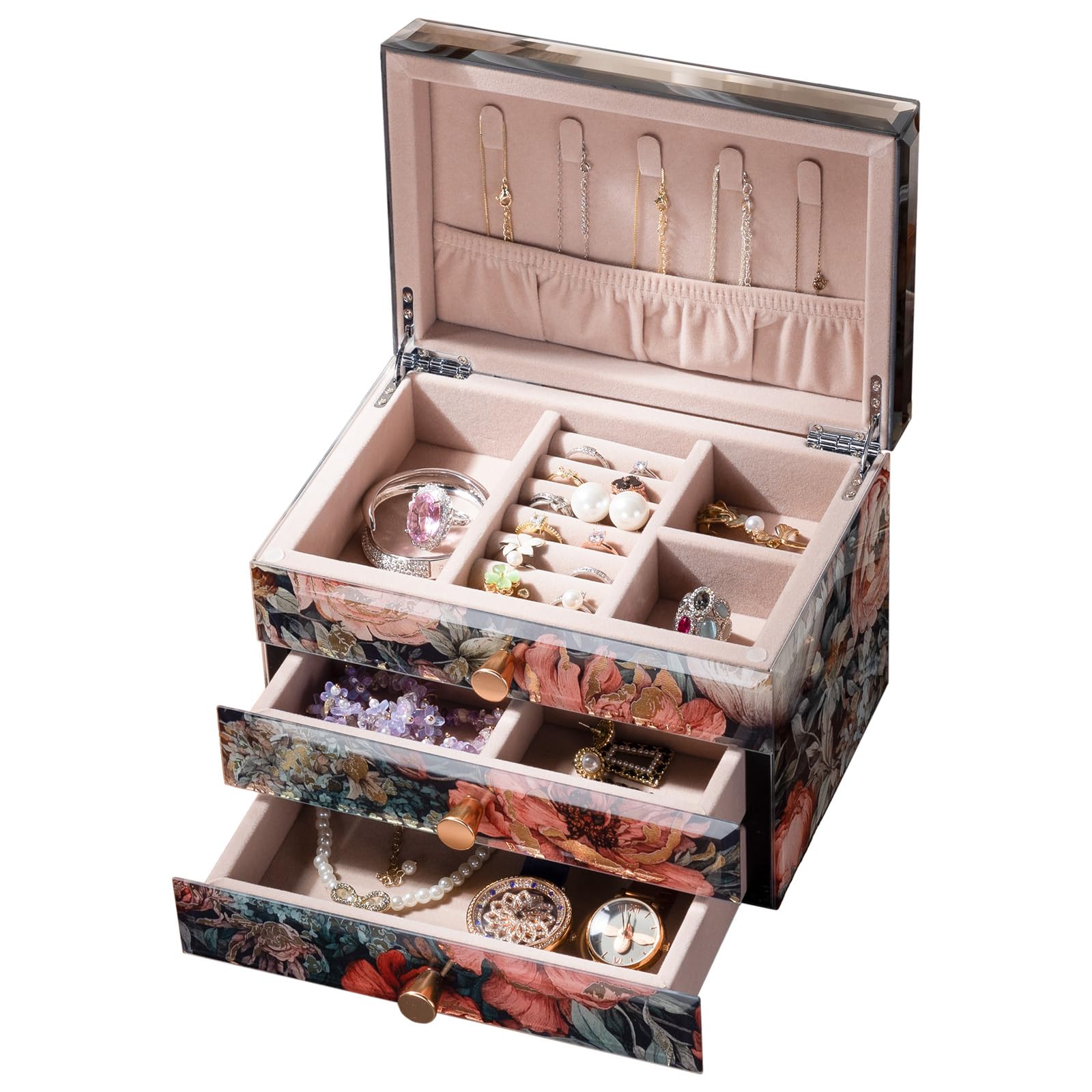 Joyero de cristal con patrón floral, organizador de joyas de 3 niveles para mujeres y niñas, cajas decorativas de regalo de joyería, organizador de mesa para aretes, collar, regalo para