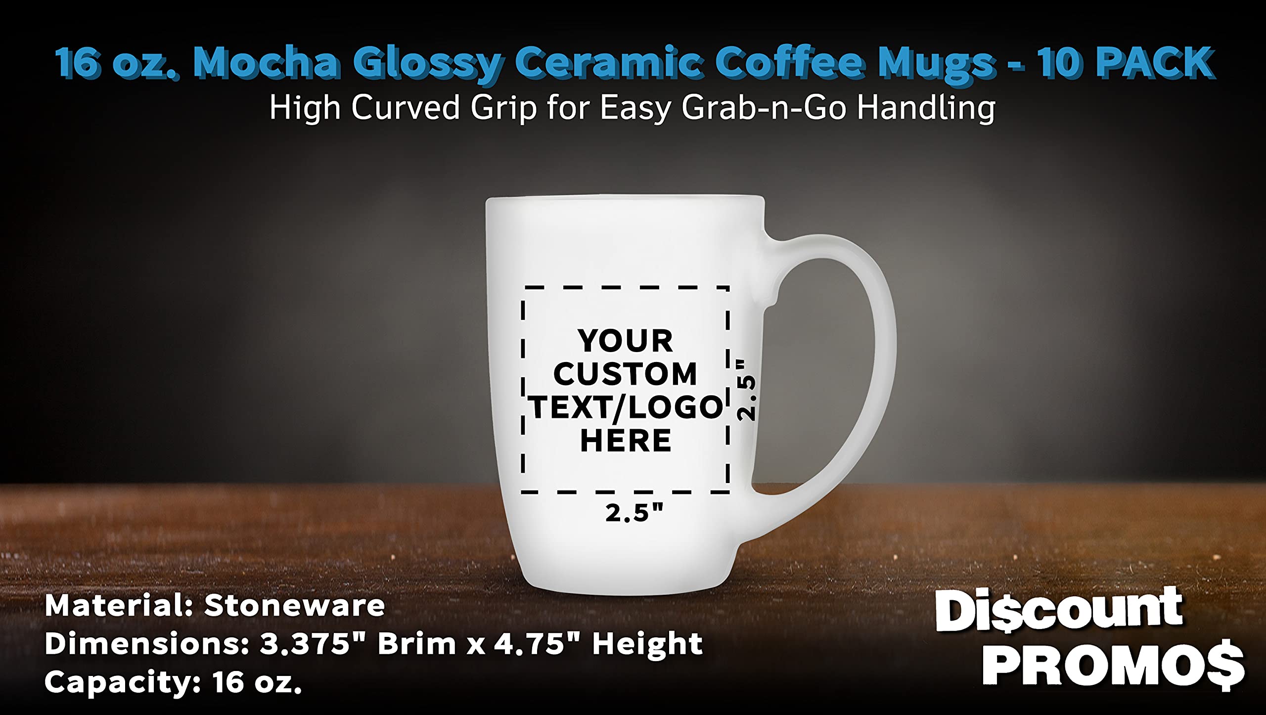 Amazon.com: DISCOUNT PROMOS 10 Large Mocha Glossy Ceramic Coffee Mugs Set, 16  oz. - Customizable Text, Logo - Stoneware, Smooth, Durable, C-handle -  White : Home & Kitchen