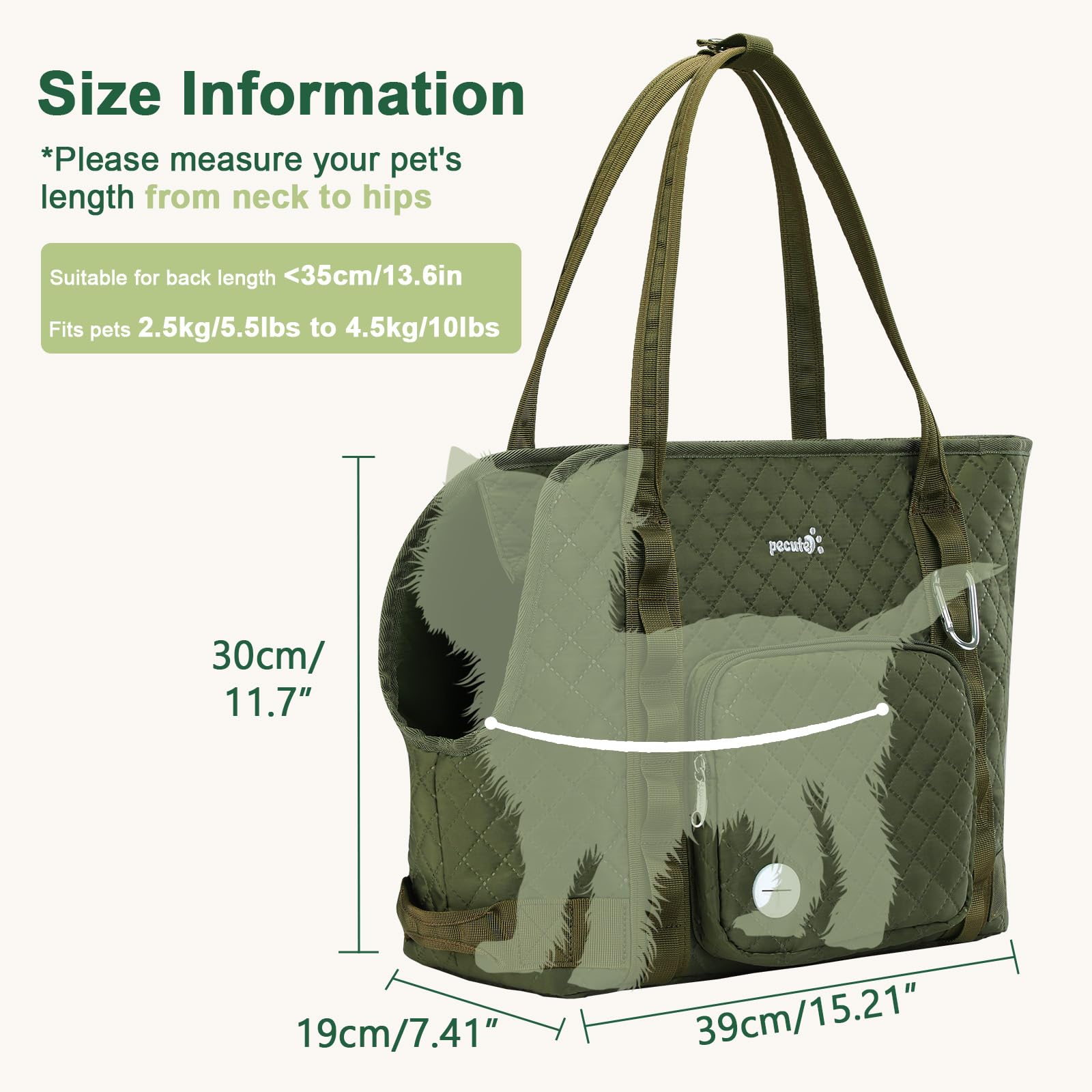 Pecute Trasportino per Cani, Trasportino per Animali Domestici Con Tasche per Cani di Piccola Taglia, Trasportino Leggero per Cani e Cuccioli, Gita, Viaggio, Veterinario, Verde