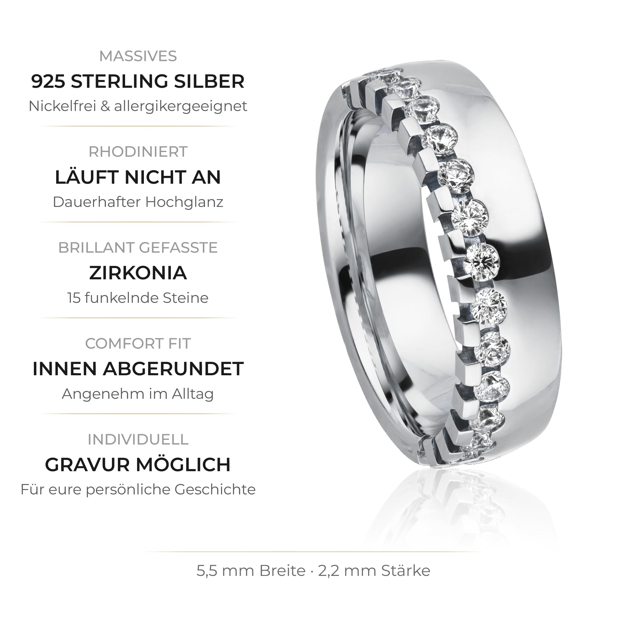 Kolibri Rings Damenring 15 Zirkonia Steine Sterling Silber 925 Ring Ehering Verlobungsring Partnerring Freundschaftsring - Inkl. Gravur und Etui