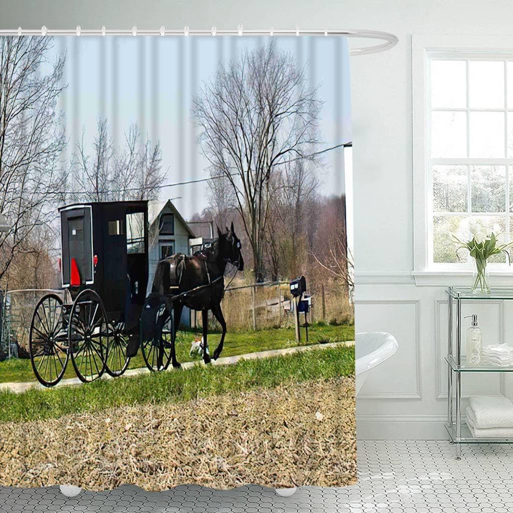 Indiana Shower Curtain Set Landscape Amish Horse Drawn Buggy in Field A Sunny Day Bathroom Curtains Polyester Fabric Waterproof Bath Curtains Decor 66" W x 72" L with Hooks
