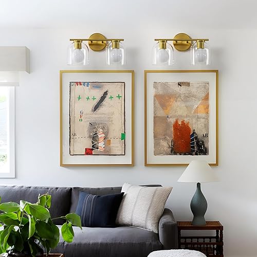 Miniatura 6 de WOSHITU Lámparas de tocador de baño 14.2 pulgadas modernas lámparas de baño doradas sobre espejo con pantalla de vidrio transparente, oro cepillado