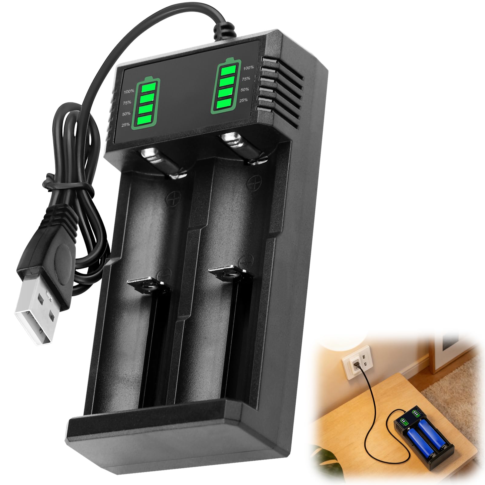 Cargador 18650 Universal Carga de Batería para 26650 18350 14500 16340 17500 17670 18500 21700 3.7V Li-Ion Pilas 2 Ranuras Inteligente Rápido Cargador Recargables con Cable USB — view 7