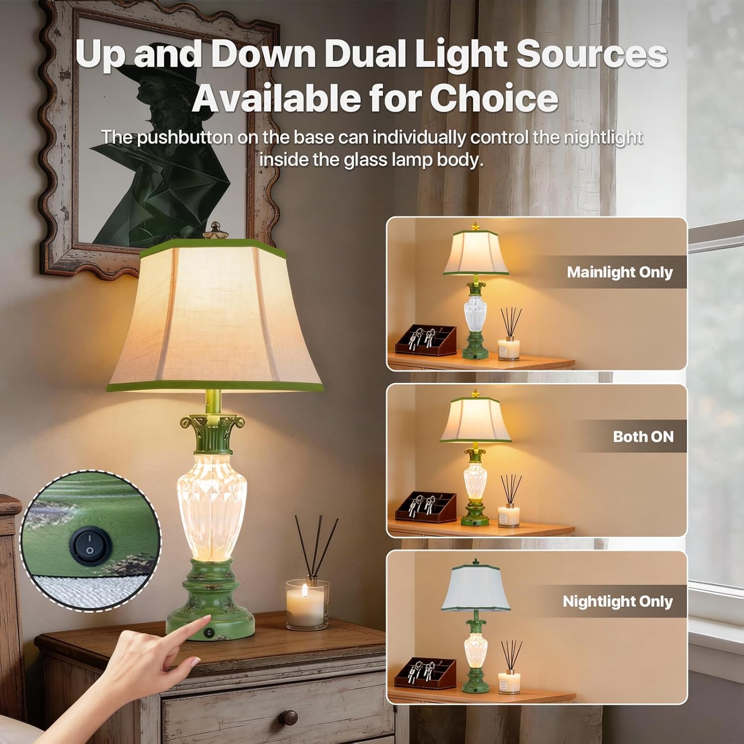 vallerico 28.5" Vintage Table Lamps Set of 2 with USB Ports, Resin Green Farmhouse Nightstand Beside Lamps for Living Room Bedroom, 3-Color Temperatures with Nightlight, Bulbs Included