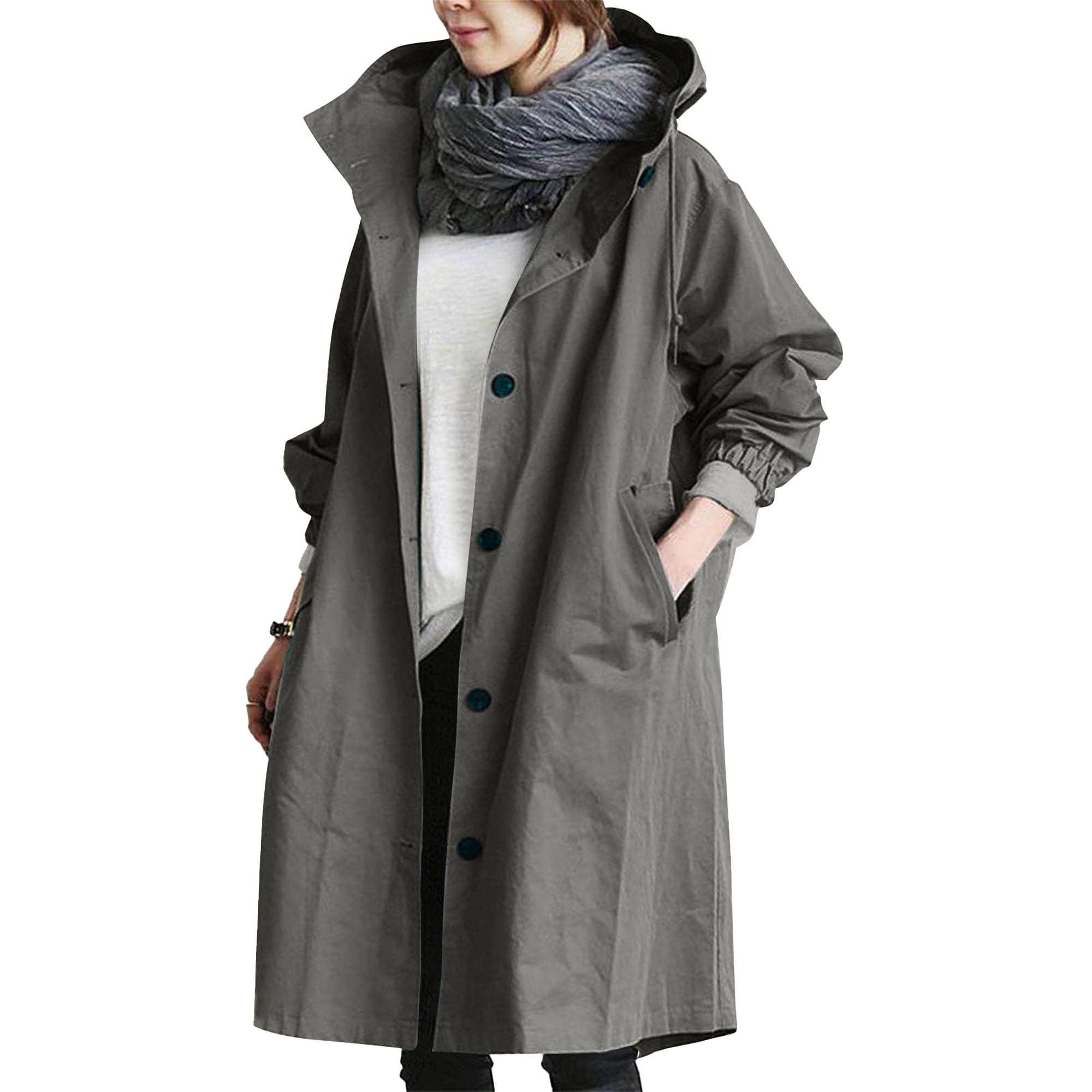 Maiyifu-GJ Womens Hooded Trench Coat Single Breasted Long Sleeve Overcoat Casual Long Jacket Windbreaker Coats Outerwear