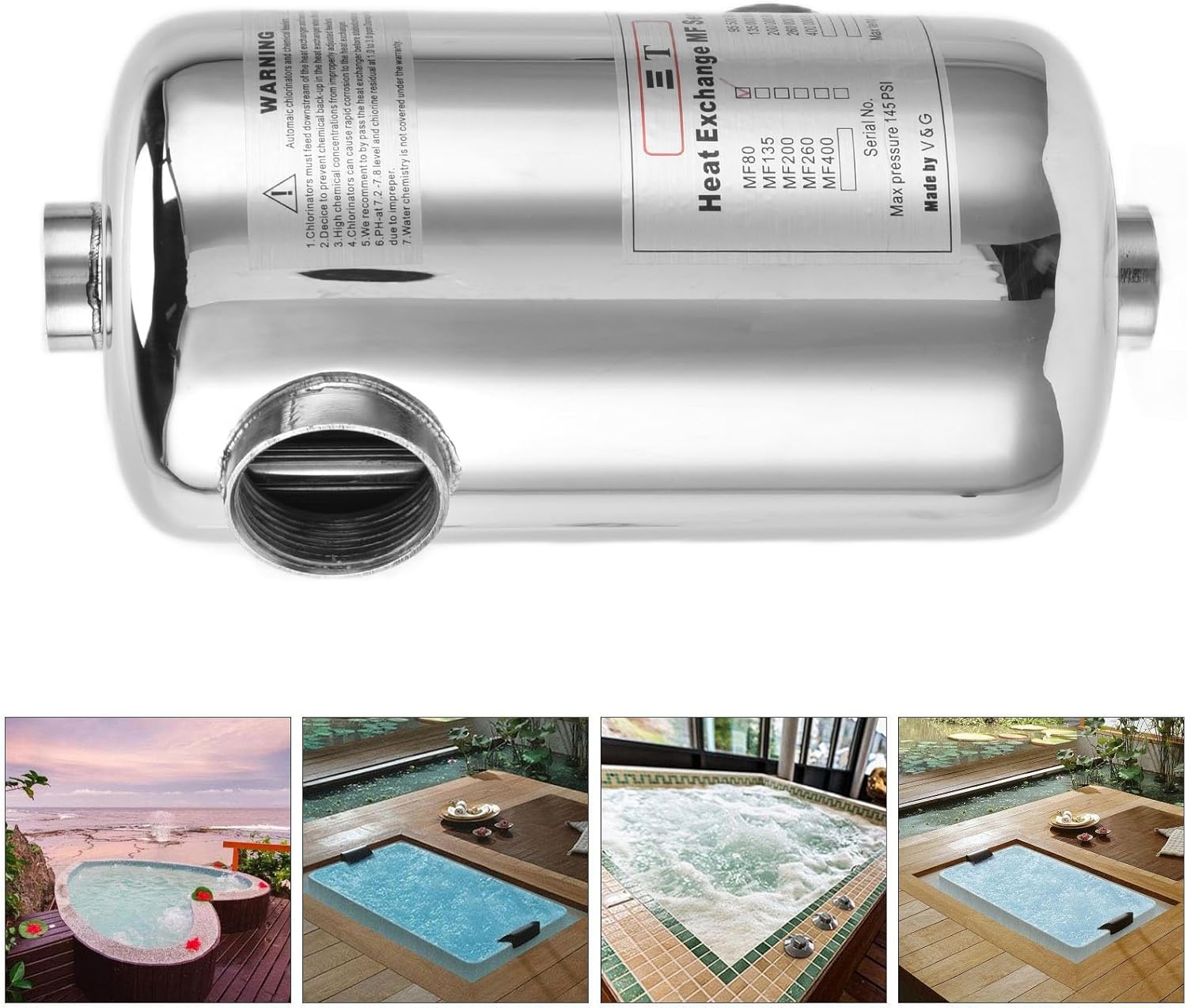 Asixxsix Swimming Pool Heat Exchanger, 25KW Stainless Steel Thermostat Circulating Heating Equipment with Fixing Brackets, Tube Heat Exchanger Pool Supplies for Spas, Hot Tubs, Hot Springs