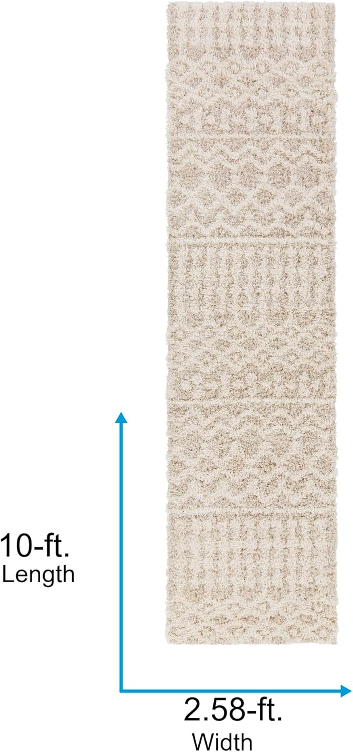 Beige Plush Shag Runner Rug with Synthetic Fibers, 2'7" x 10'