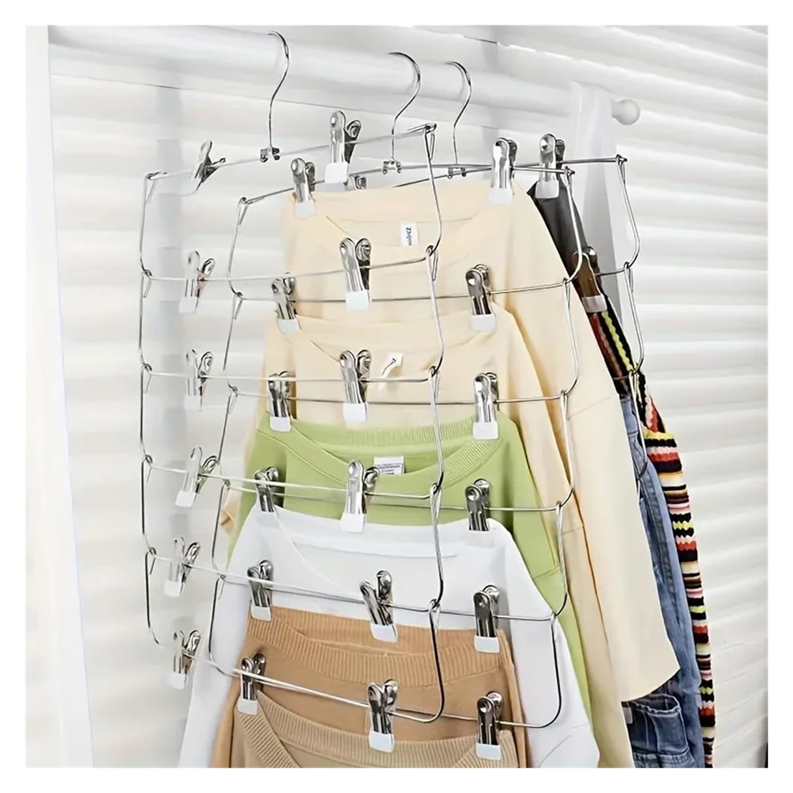 Trouser Hangers Space-Saving 6-Tier Metal Pants Hanger With Clips, Multi-Layer Storage For Skirts And Trousers(White)
