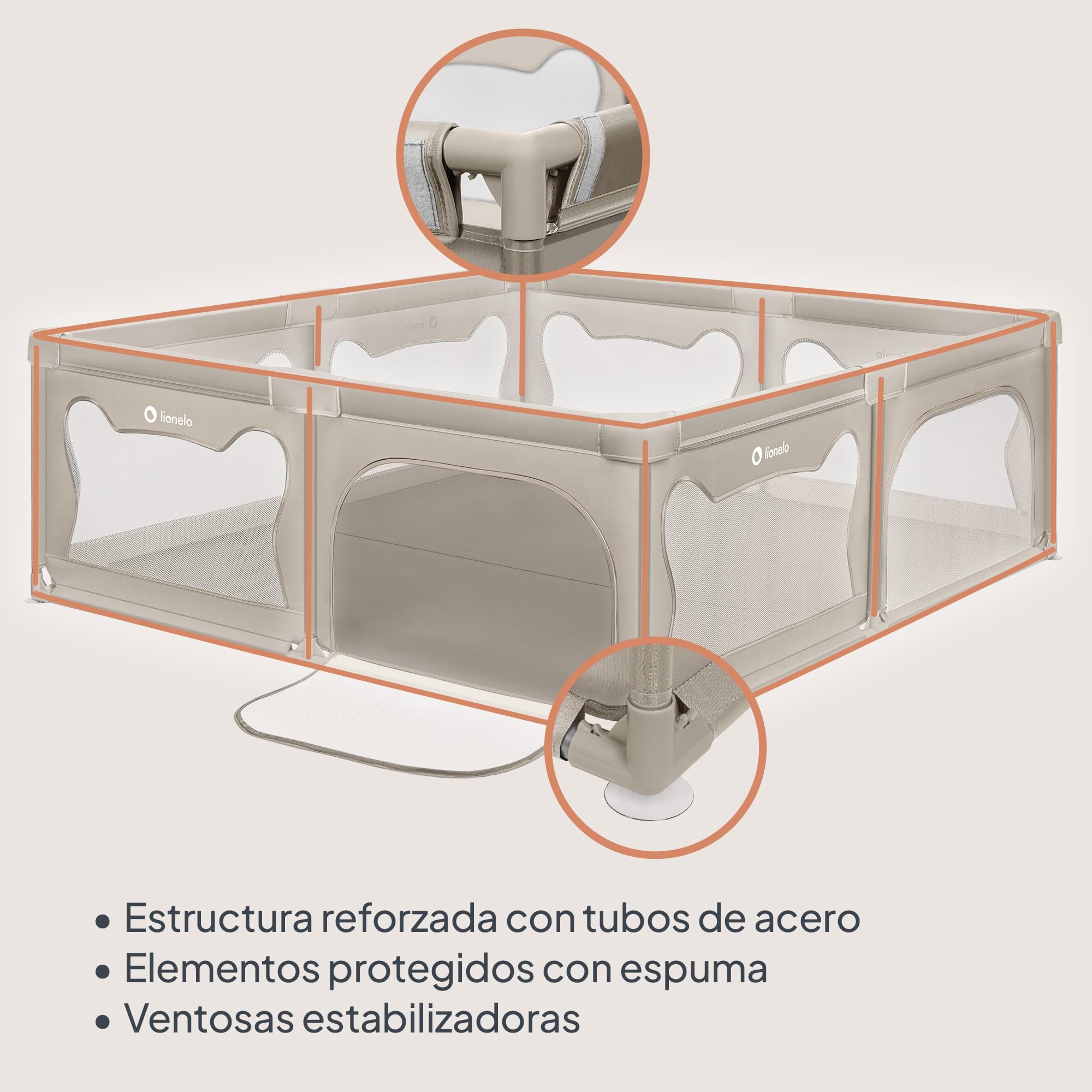 LIONELO Willow - Parque infantil XL, 0 – 48 meses, gran superficie 187x207x68 cm, con paredes de malla transpirable, 2 entradas laterales con cremallera, ideal para casa y jardín, fácil montar (Beige)