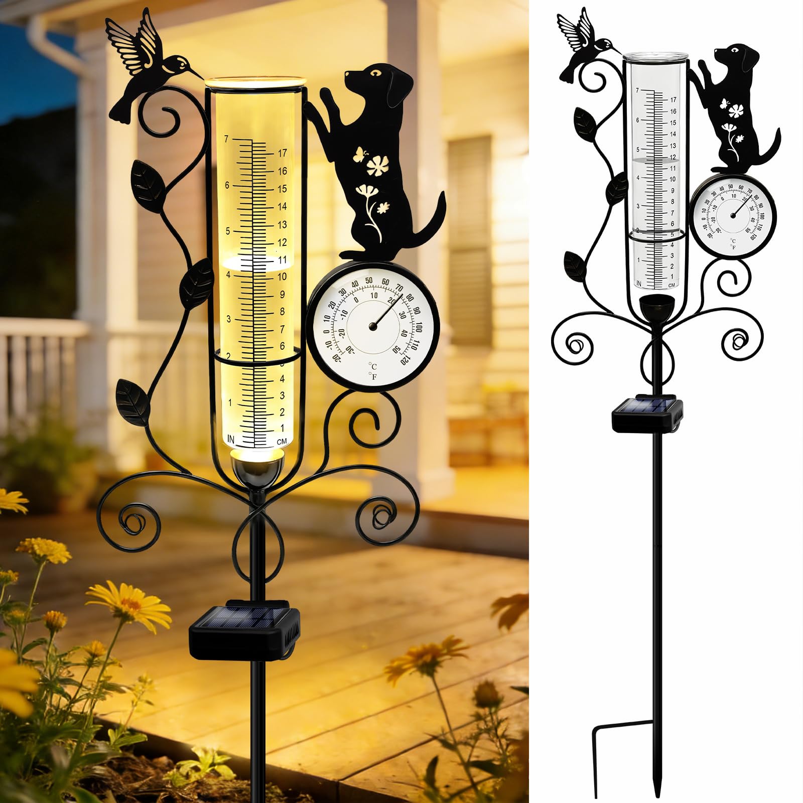 YJFWAL Metal Dog Solar Rain Gauge Outdoor with LED Light and Thermometer