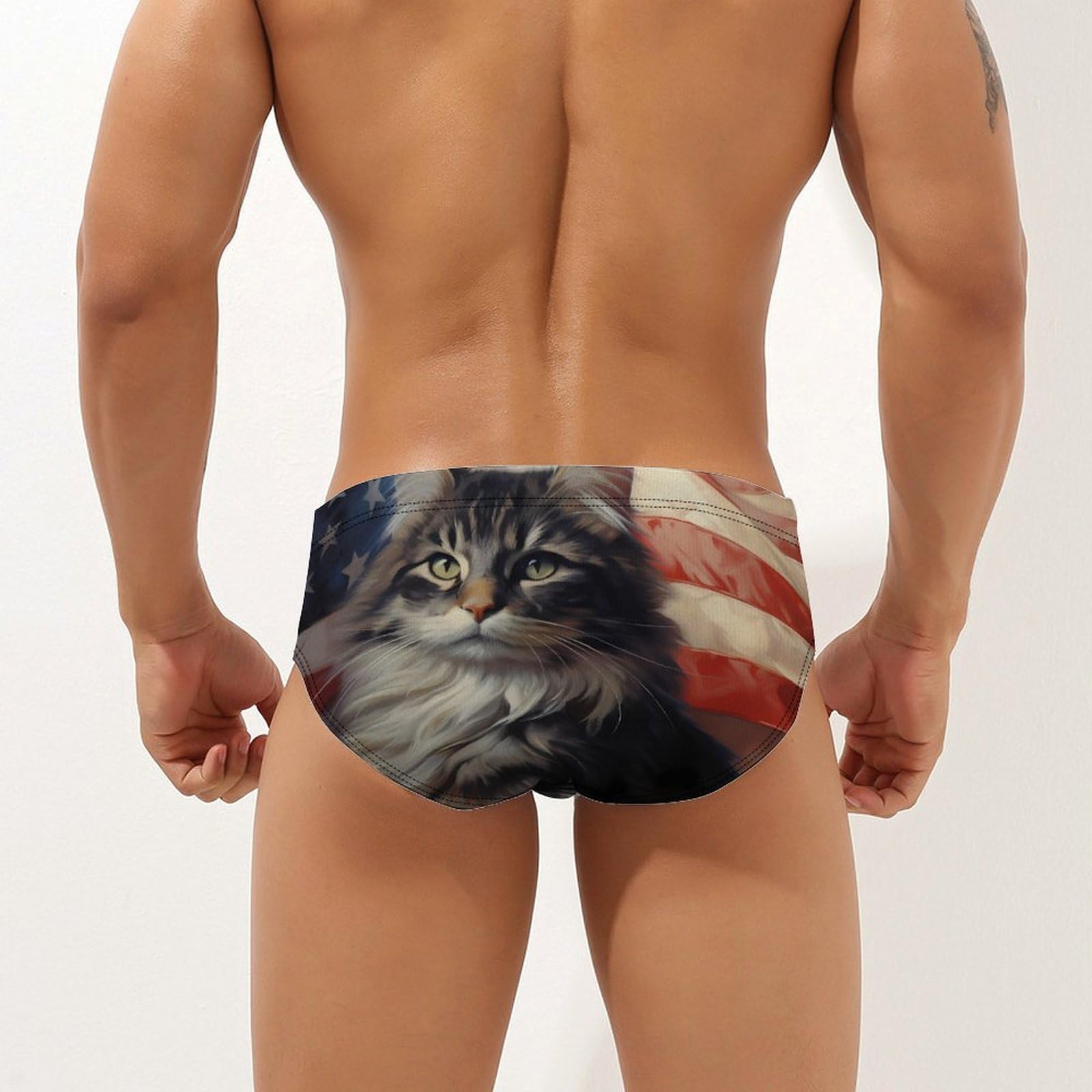 USA Flag White Tabby Norwegian Forest Cat Mens Swim Briefs Quick Dry Swim Trunk Bikini Underwear Swimsuit 3XL