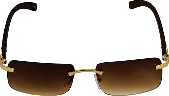 Elite Slim Rimless Rectangular Metal & Wood Art Aviator Sunglasses