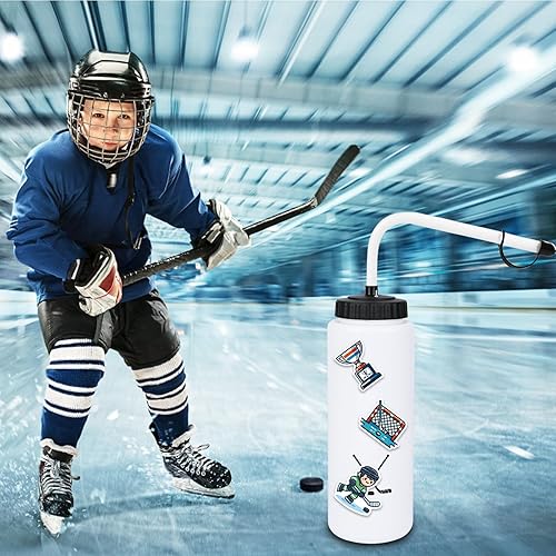 Vista 7 de Regalos de hockey, 1 paquete de botella de agua de hockey con popote largo y 100 calcomanías, accesorios para niños, hombres, amantes