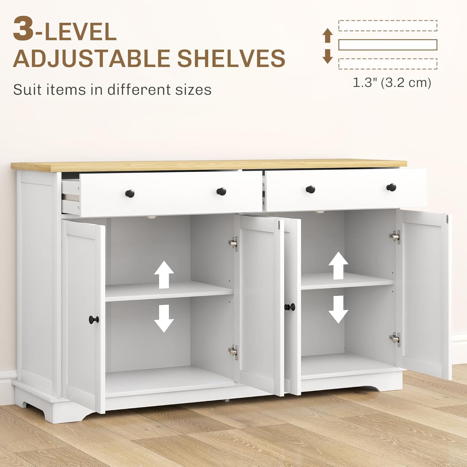 HOMCOM Sideboard Buffet Cabinet with Storage, 55" Modern Kitchen Cabinet with 4 Doors, 2 Drawers and 2 Adjustable Shelves, Coffee Bar Cabinet, White