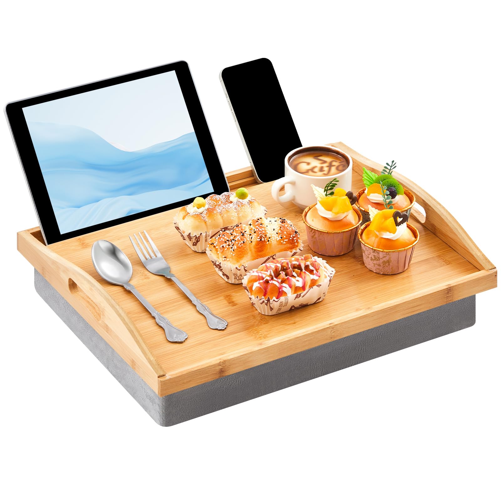 Photo 1 of Pickmesh 1 Pcs Bamboo Lap Tray with Detachable Pillow Wood Bed Food Trays with Cushion 16.9 x 13 Inch for Adults Elderly Eating Food Breakfast Dinner in Recliner (Wood Color)