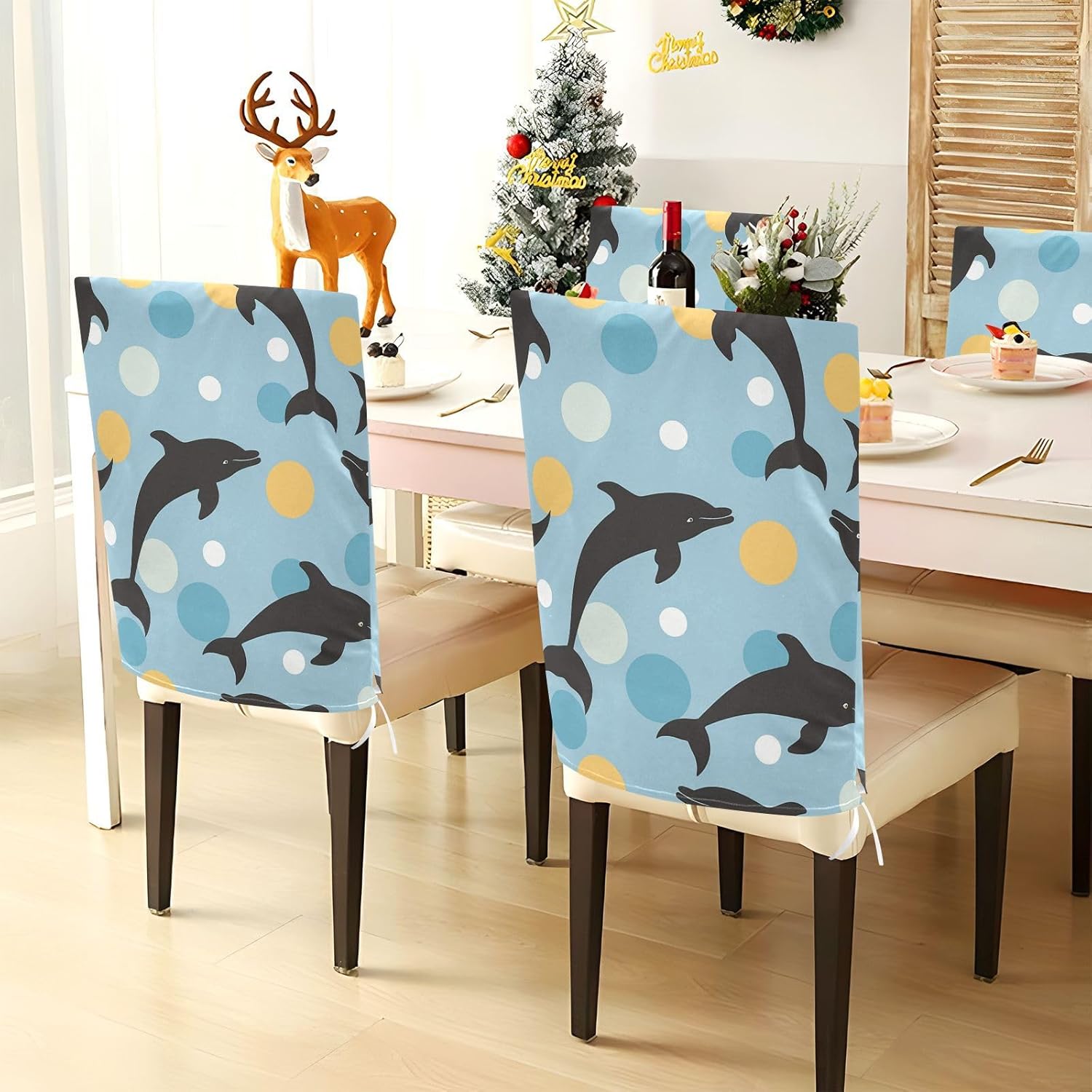ALAZA Dolphin Silhouette Polka Dots Chair Back Cover Set of 6, Washable Reusable Removable Chair Slipcovers Decorative Chair Cover for Home Kitchen Wedding Party