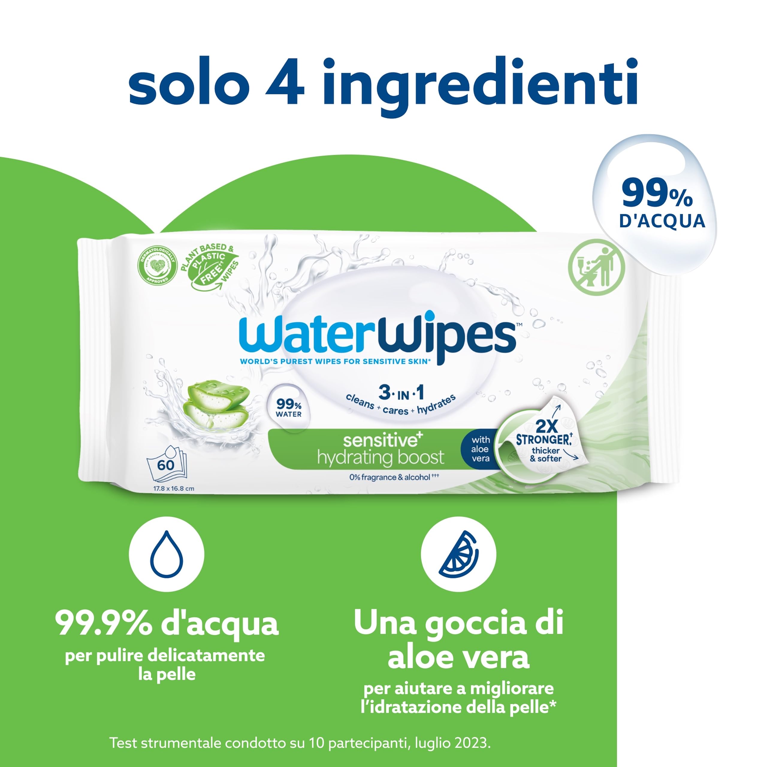 WaterWipes Sensitive+ Hydrating Boost Wipes, 720 Pezzi (12 Confezioni), 99% Acqua con Aloe Vera, Deterge, Cura, Idrata, Senza Profumo, la confezione può variare