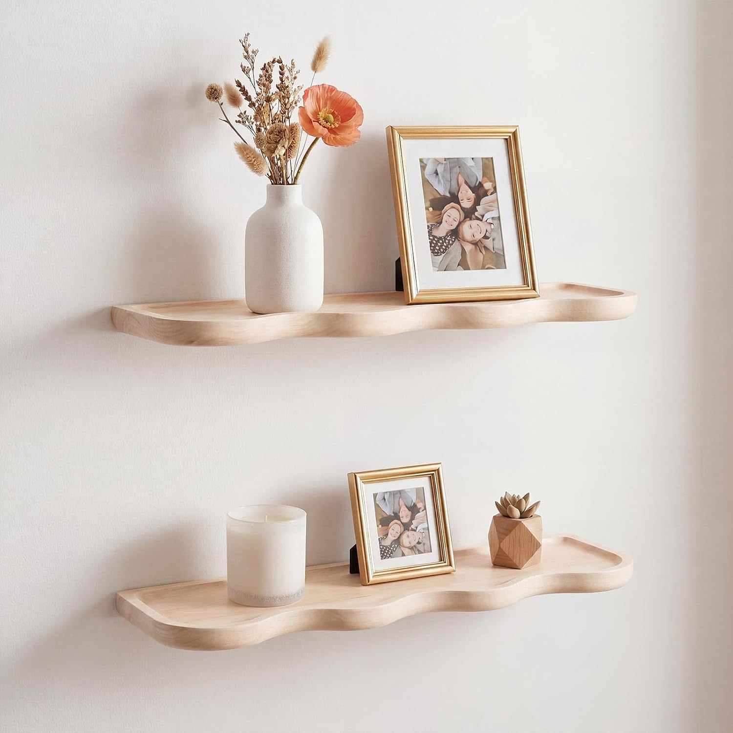 Pinkunn 2 Pcs Natural Wood Floating Shelves for Wall 24 Inch Wooden Wave | Live Edge Floating Shelves Modern Scalloped Mounted Shelf Farmhouse Wall Decor for Home Living Room Bedroom Kitchen Decor