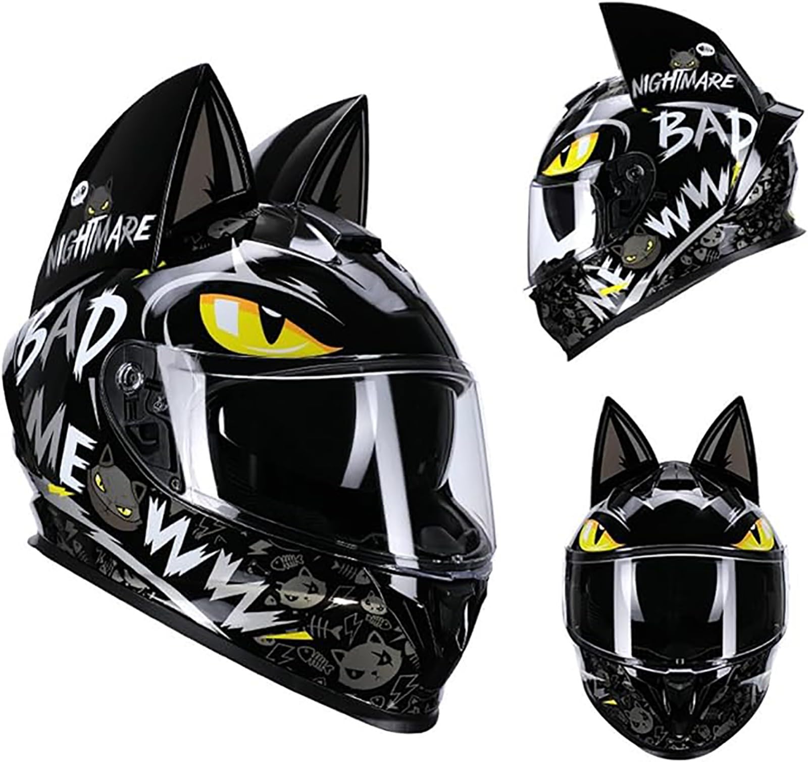 Casco De Moto Con Orejas De Gato Cascos Integrales Con Viseras Cascos De Motocross Homologados ECE Para Adultos Hombres Mujeres Cuatro Estaciones A7,S (50-53cm)