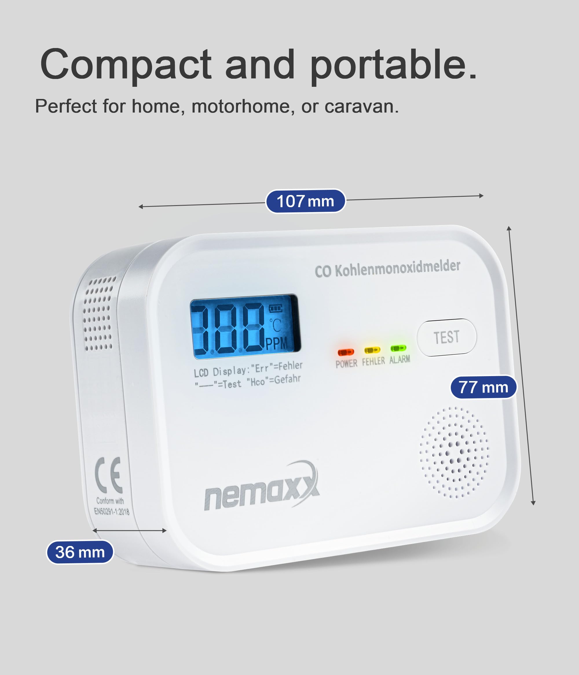 NEMAXX® CM18 Czujnik Tlenku Węgla/Alarm CO z Wyświetlaczem LCD – 85 dB, Sensor Elektrochemiczny, EN 50291-1:2018, Przycisk Testowy, 3× Baterie AA LR6, Żywotność Produktu 10 Lat – Zestaw 3 szt.